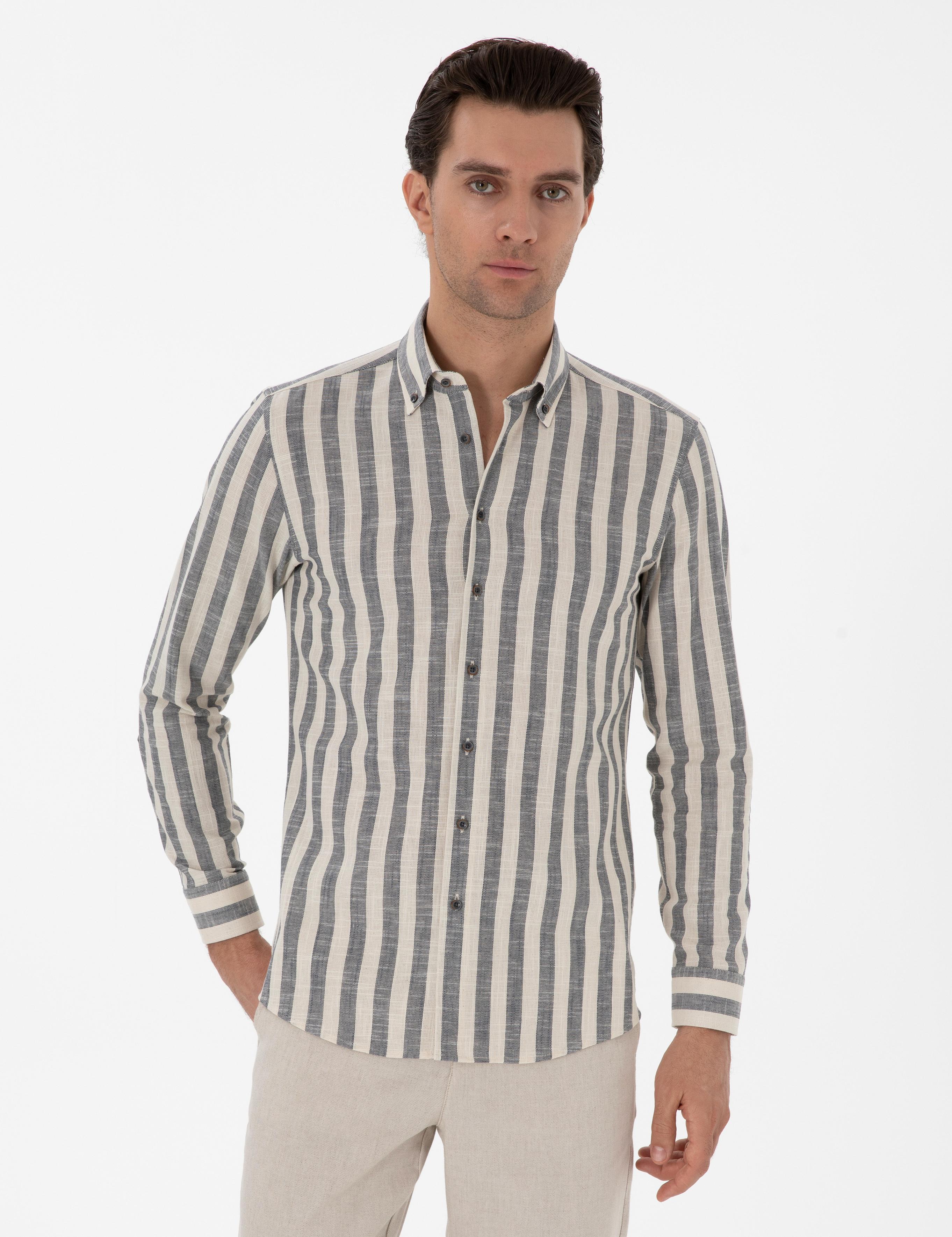 Lacivert Slim Fit Çizgili Pamuklu Gömlek - 50311079037