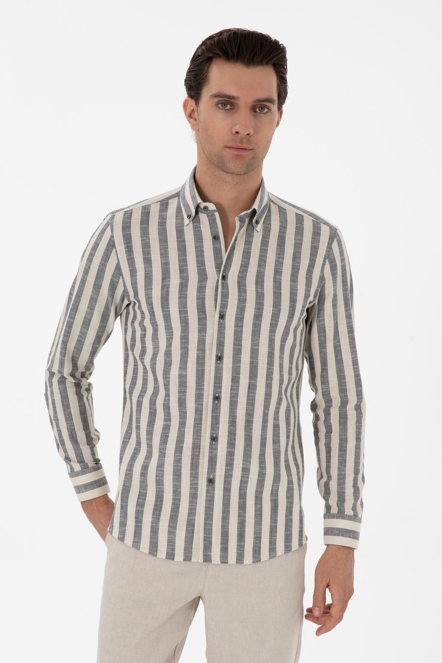 Lacivert Slim Fit Çizgili Pamuklu Gömlek - 50311079037