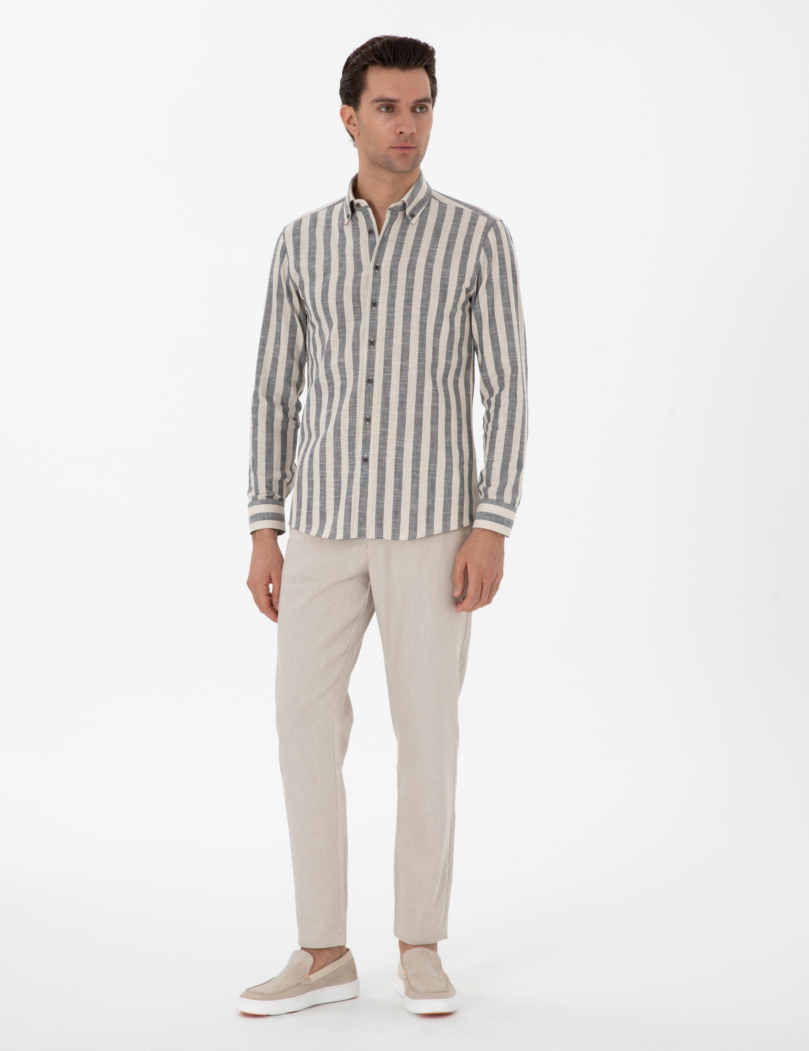 Lacivert Slim Fit Çizgili Pamuklu Gömlek - 50311079037