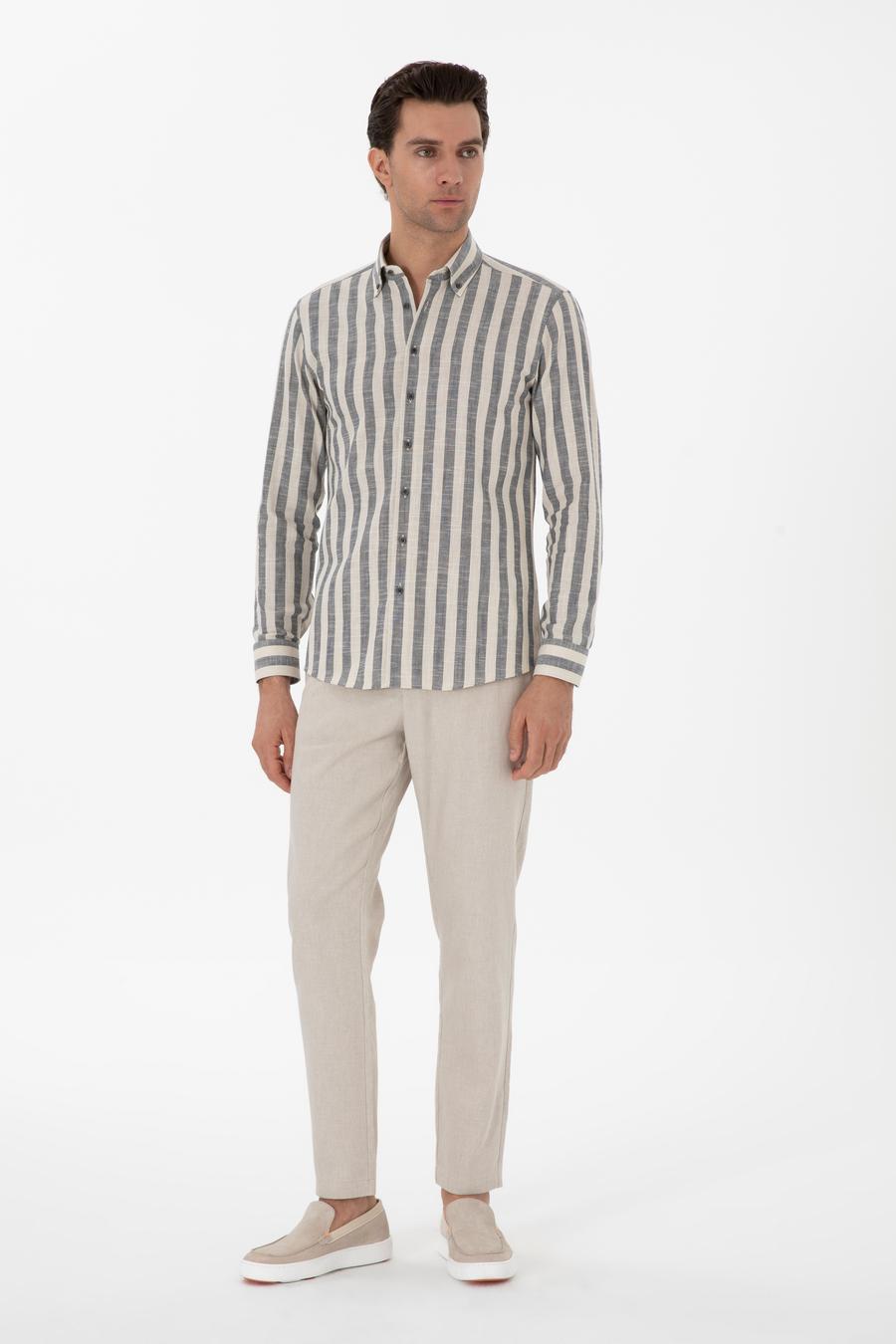 Lacivert Slim Fit Çizgili Pamuklu Gömlek - 50311079037
