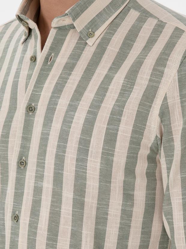 Haki Slim Fit Çizgili Pamuklu Gömlek