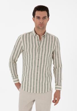 Haki Slim Fit Çizgili Pamuklu Gömlek