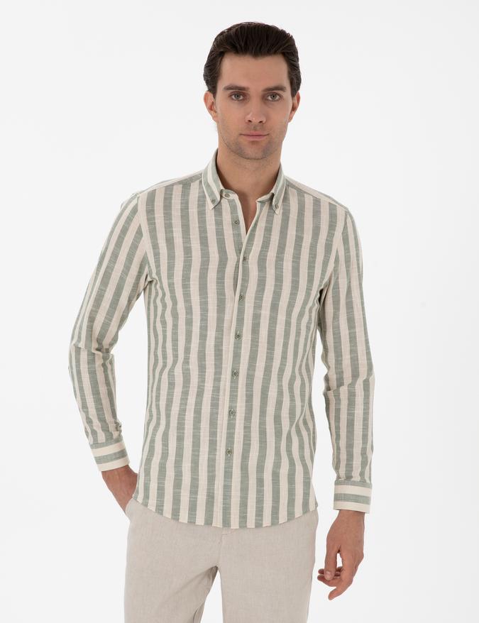 Haki Slim Fit Çizgili Pamuklu Gömlek