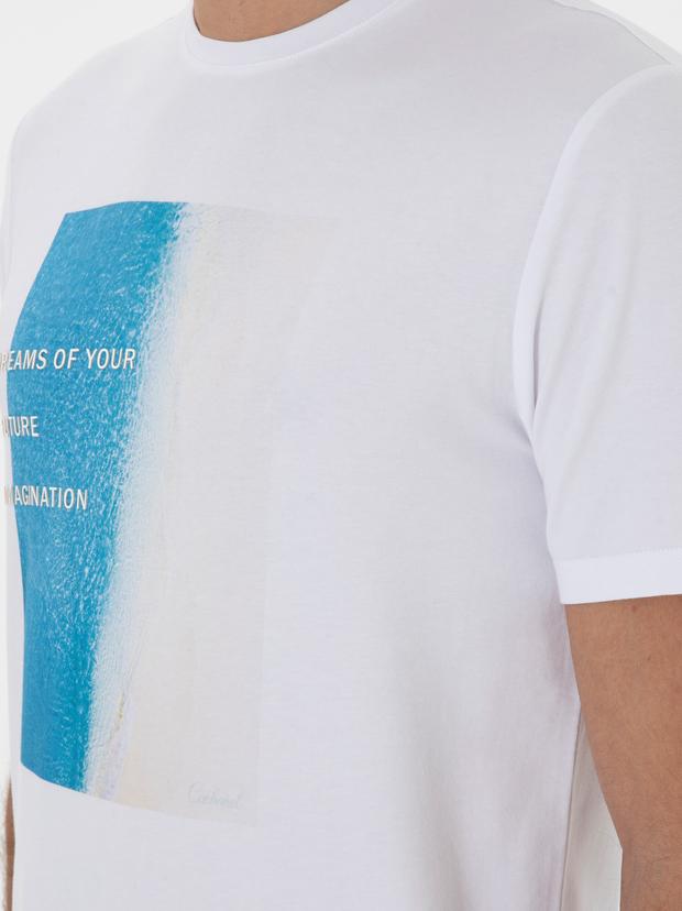 Beyaz Regular Fit Bisiklet Yaka Desenli T-shirt