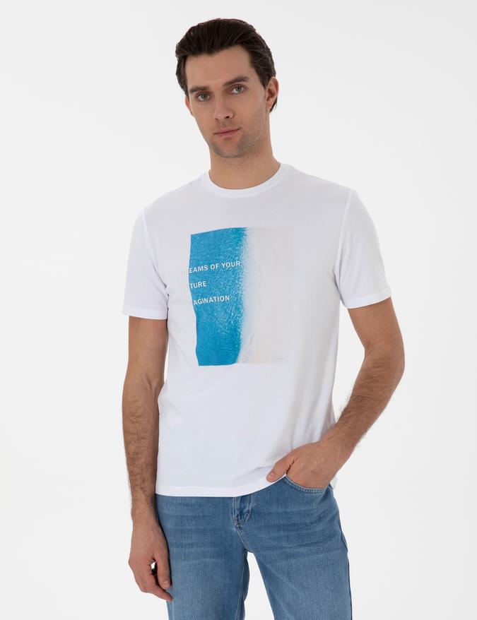 Beyaz Regular Fit Bisiklet Yaka Desenli T-shirt