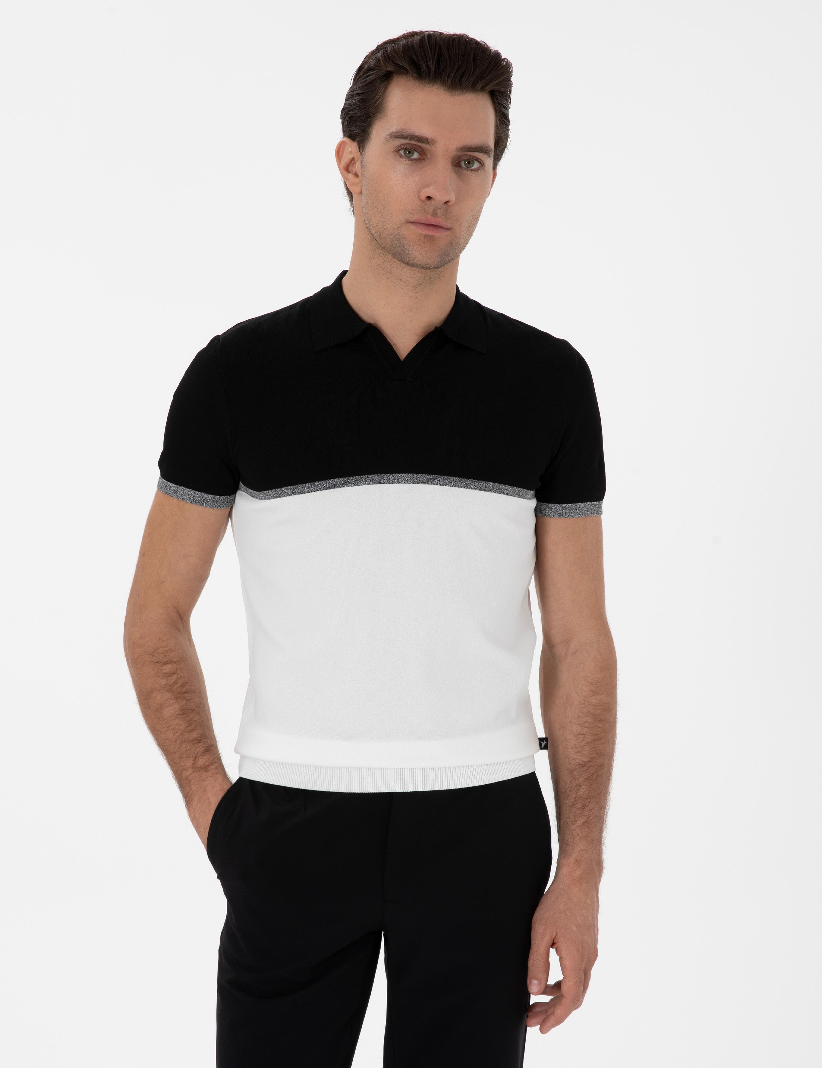 Siyah Slim Fit Apaş Yaka Triko T-shirt - 50300787042
