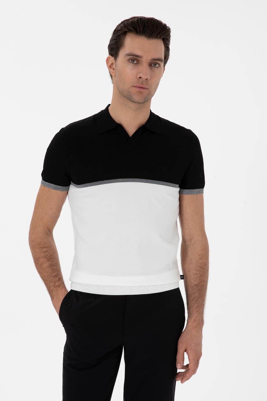 Siyah Slim Fit Apaş Yaka Triko T-shirt - 50300787042
