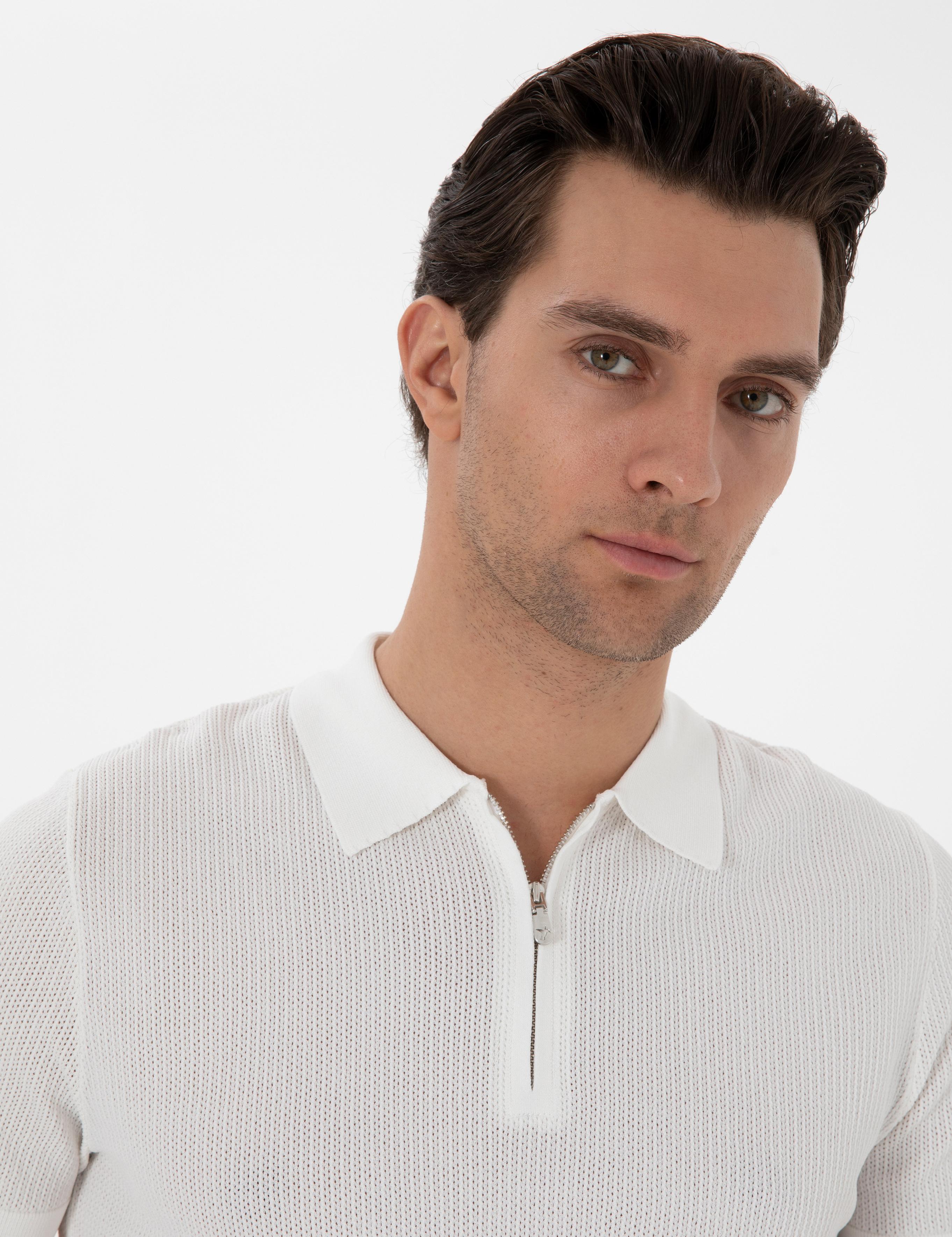 Ekru Slim Fit Fermuarlı Polo Yaka Triko T-shirt - 50300834009