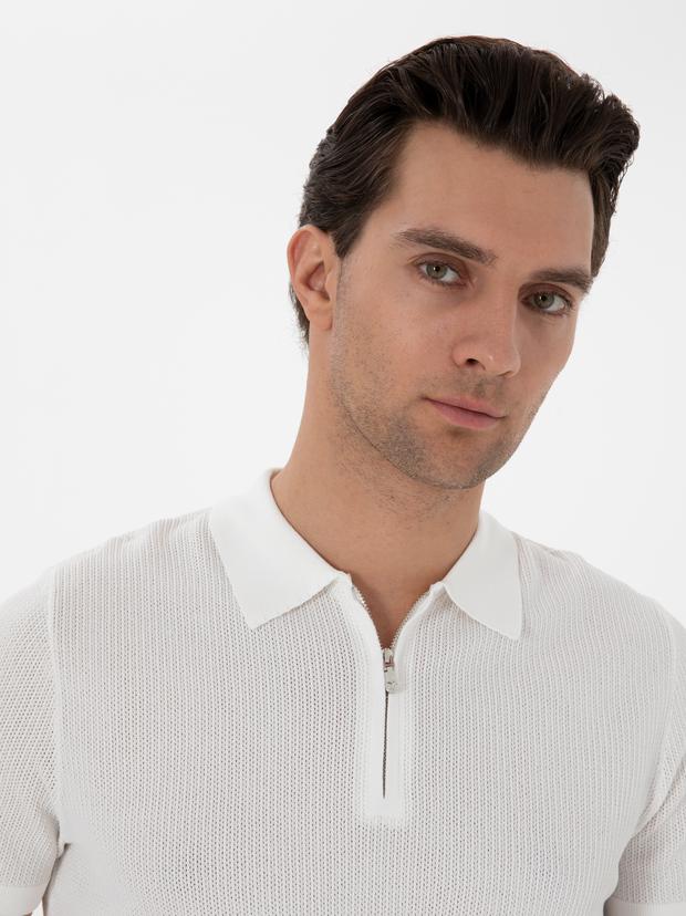 Ekru Slim Fit Fermuarlı Polo Yaka Triko T-shirt