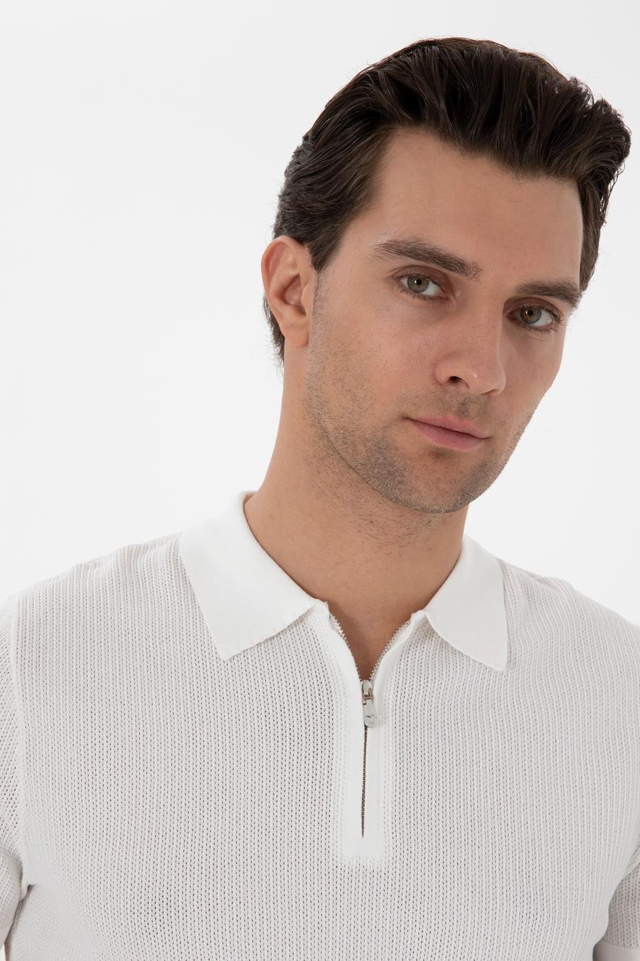 Ekru Slim Fit Fermuarlı Polo Yaka Triko T-shirt - 50300834009