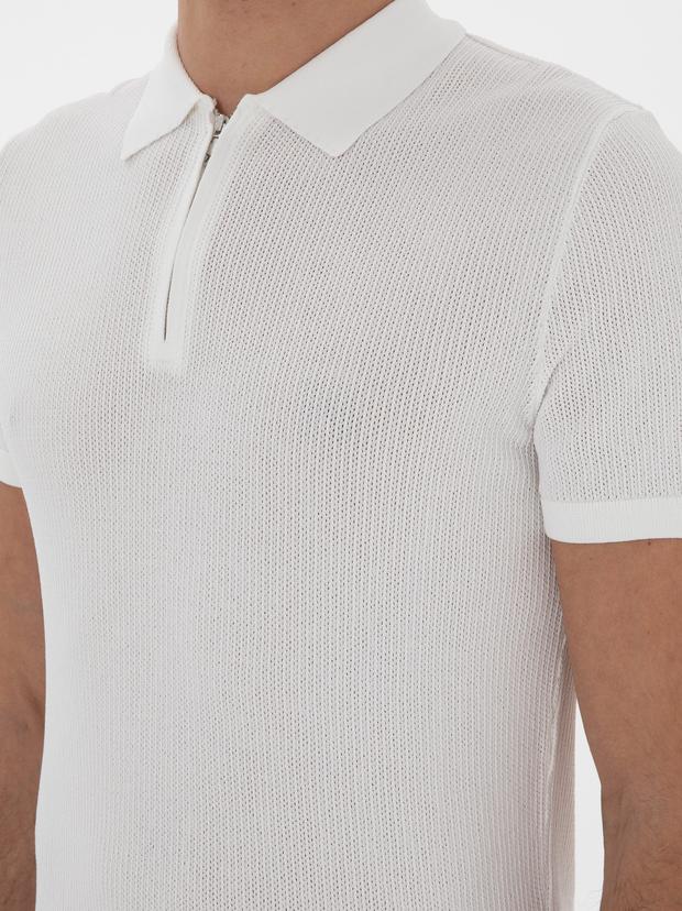 Ekru Slim Fit Fermuarlı Polo Yaka Triko T-shirt