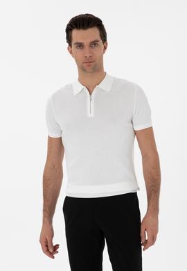 Ekru Slim Fit Fermuarlı Polo Yaka Triko T-shirt