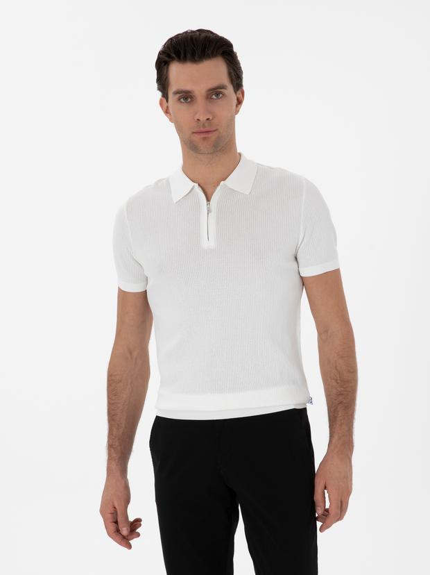Ekru Slim Fit Fermuarlı Polo Yaka Triko T-shirt