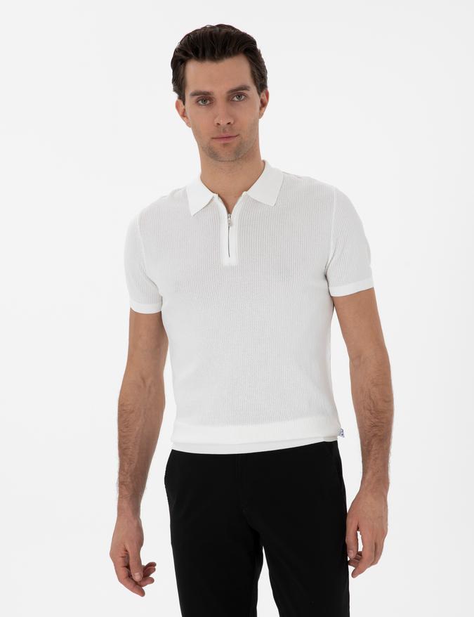 Ekru Slim Fit Fermuarlı Polo Yaka Triko T-shirt
