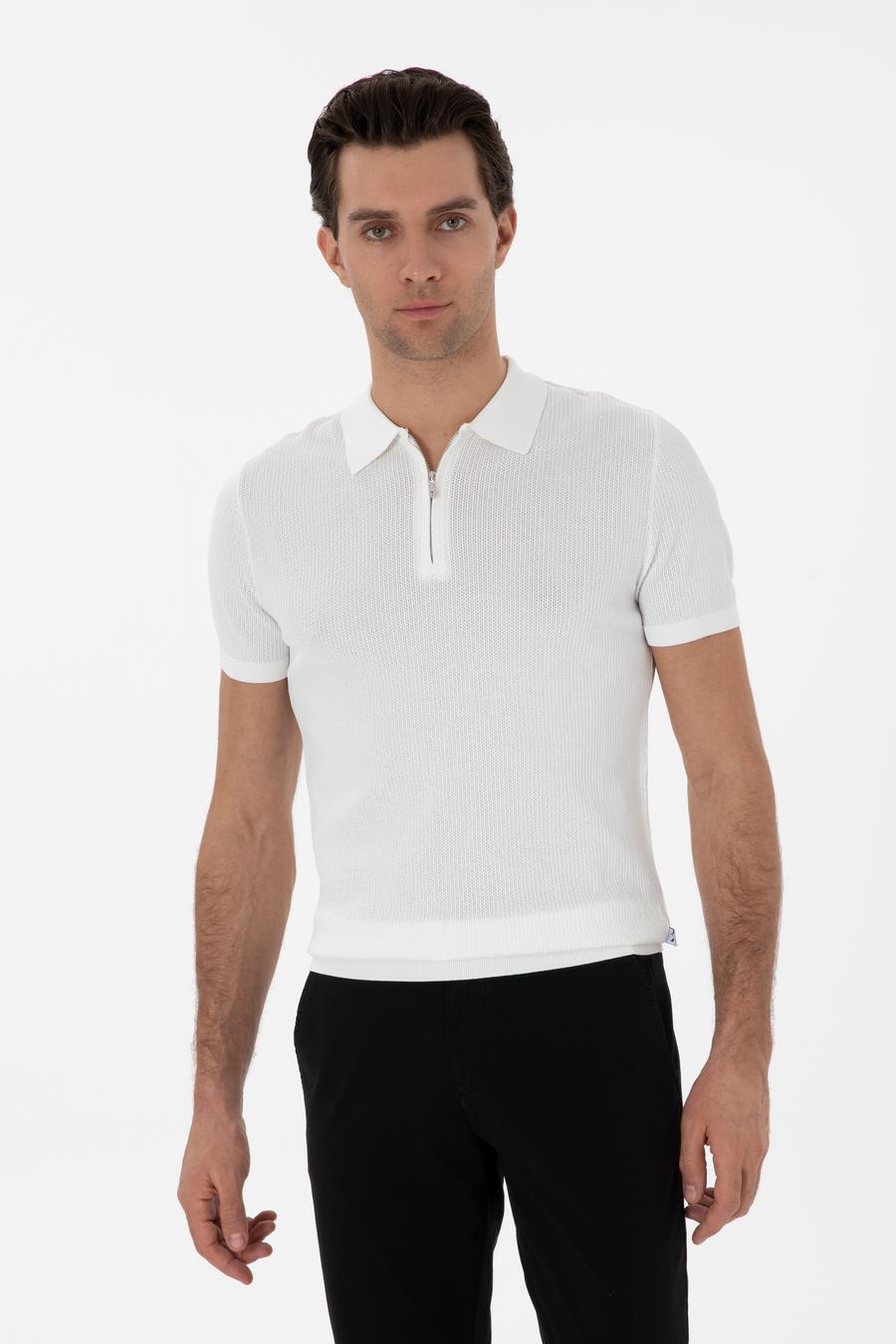 Ekru Slim Fit Fermuarlı Polo Yaka Triko T-shirt - 50300834009