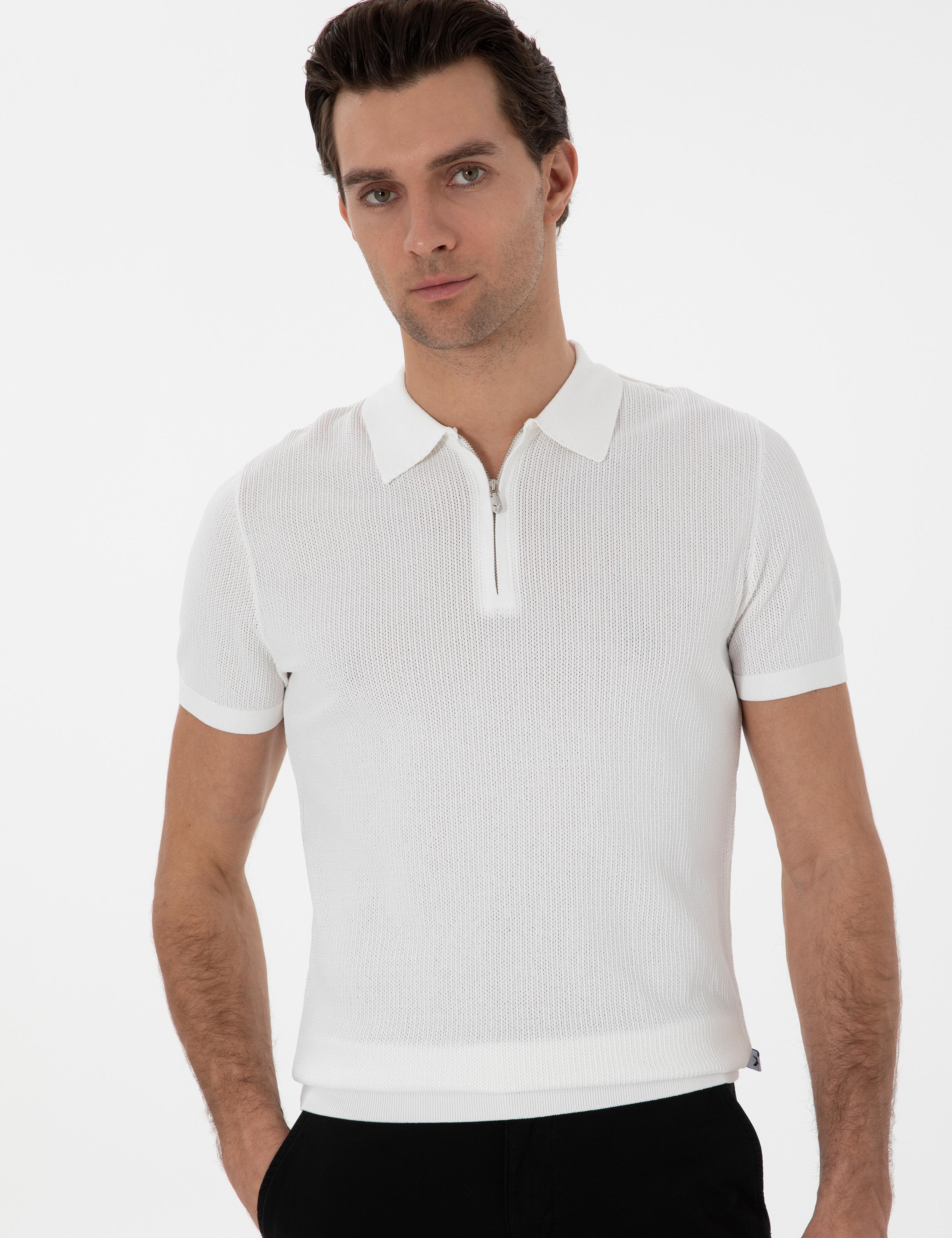 Ekru Slim Fit Fermuarlı Polo Yaka Triko T-shirt - 50300834009