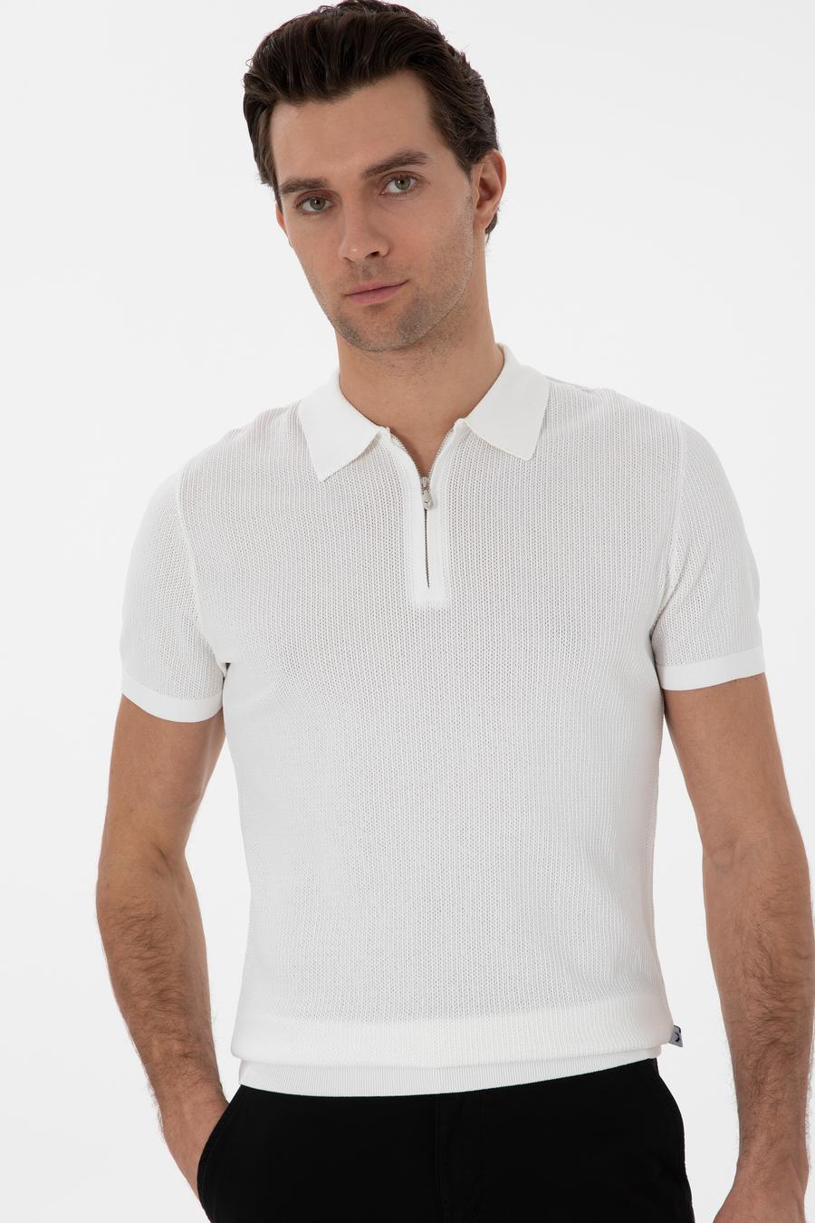 Ekru Slim Fit Fermuarlı Polo Yaka Triko T-shirt - 50300834009