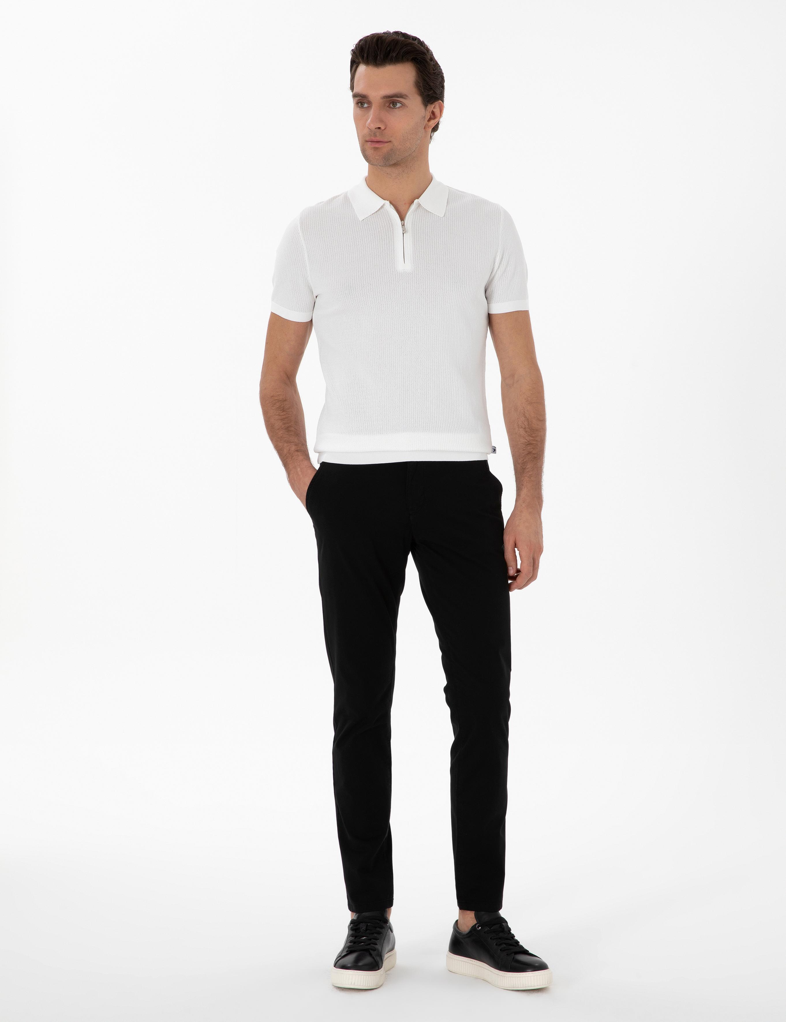 Ekru Slim Fit Fermuarlı Polo Yaka Triko T-shirt - 50300834009
