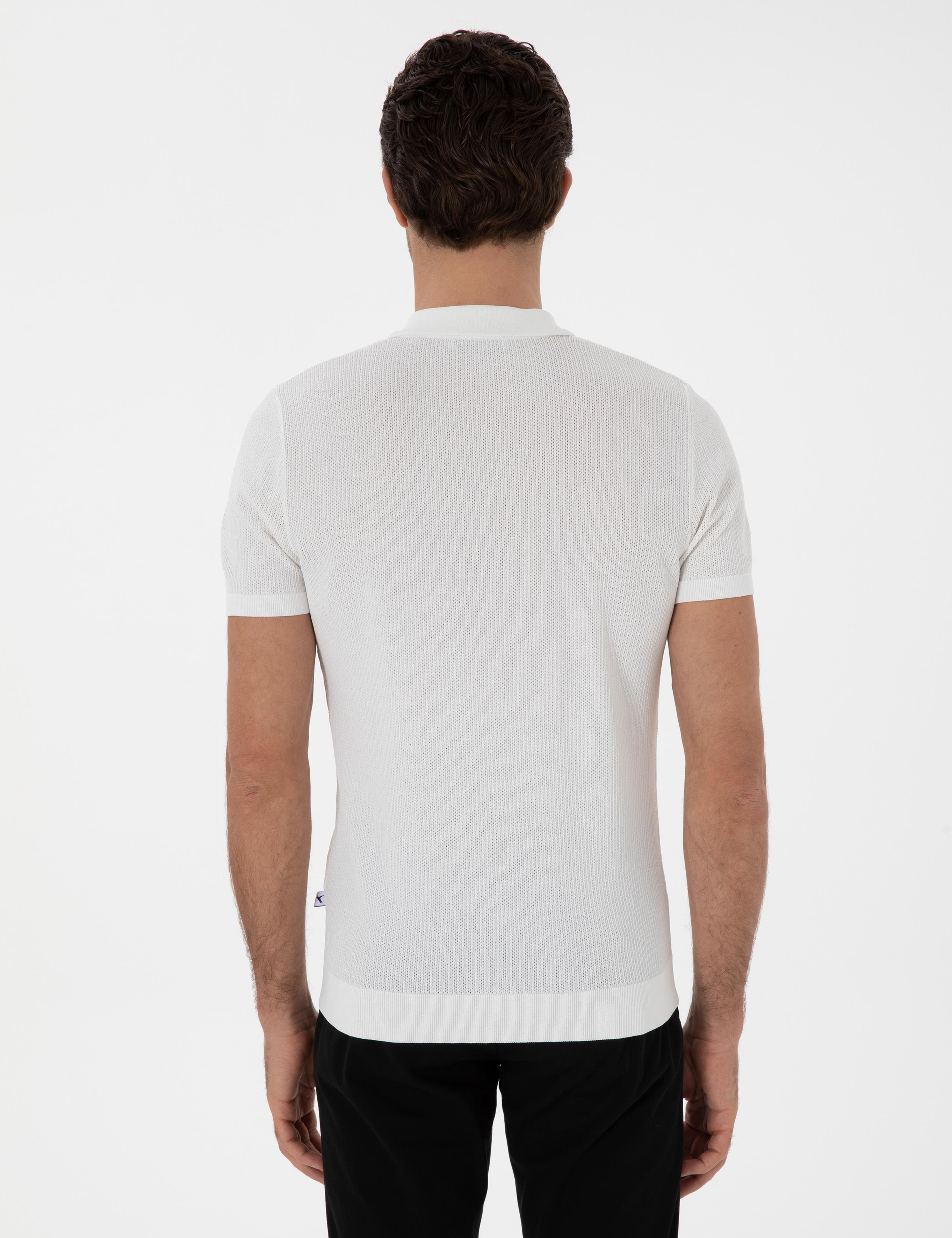 Ekru Slim Fit Fermuarlı Polo Yaka Triko T-shirt - 50300834009