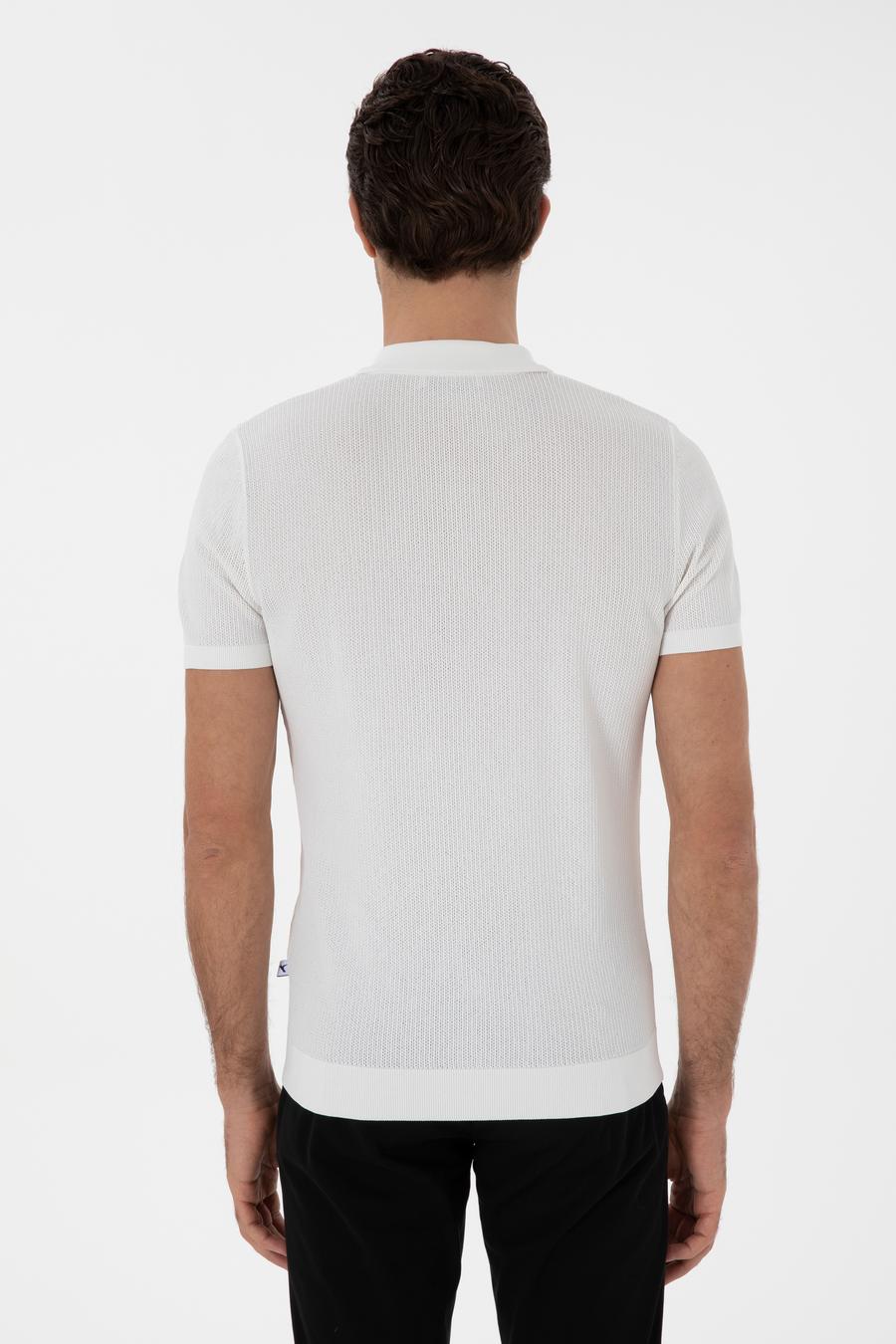 Ekru Slim Fit Fermuarlı Polo Yaka Triko T-shirt - 50300834009