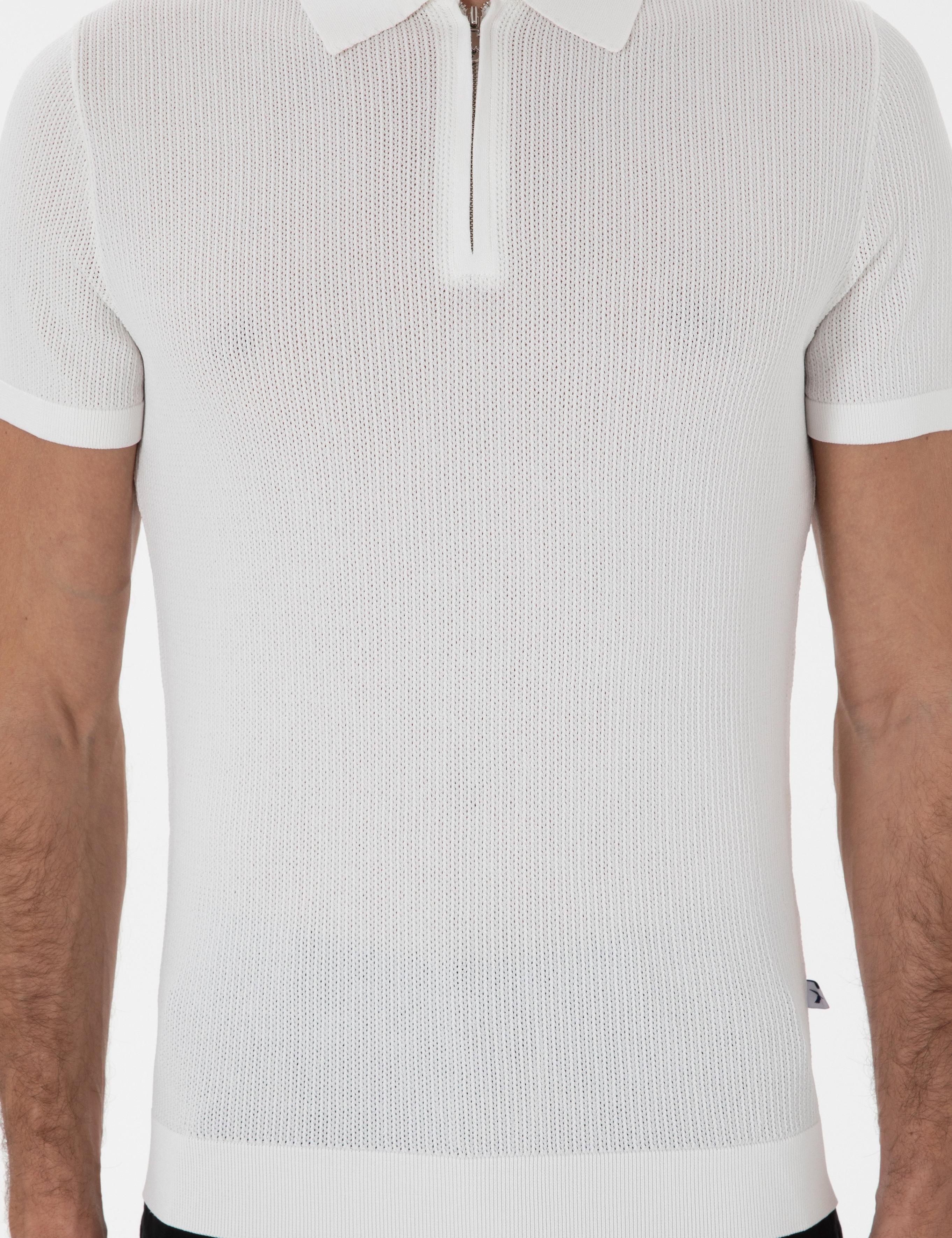 Ekru Slim Fit Fermuarlı Polo Yaka Triko T-shirt - 50300834009