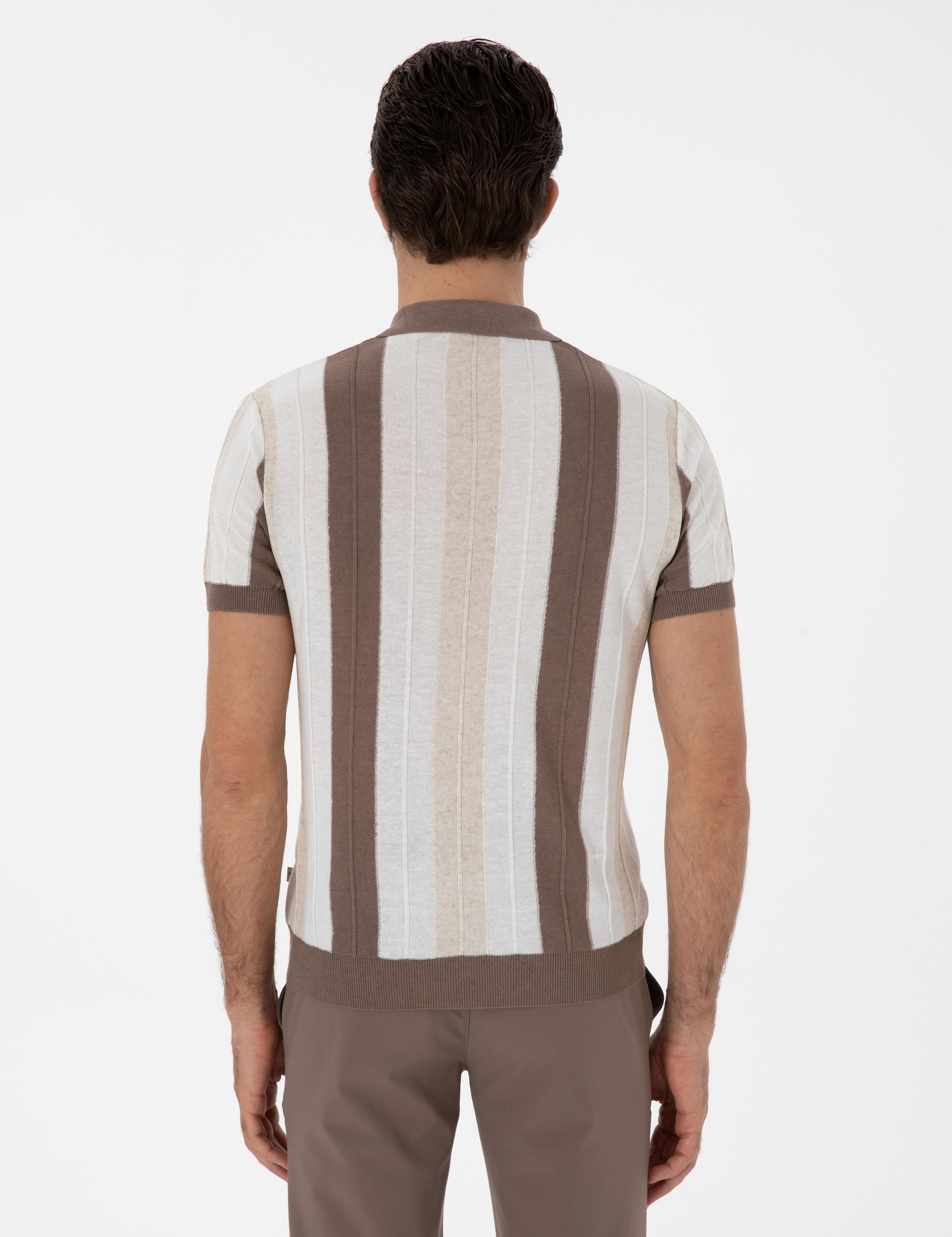 Ekru Slim Fit Apaş Yaka Triko T-shirt - 50300805013