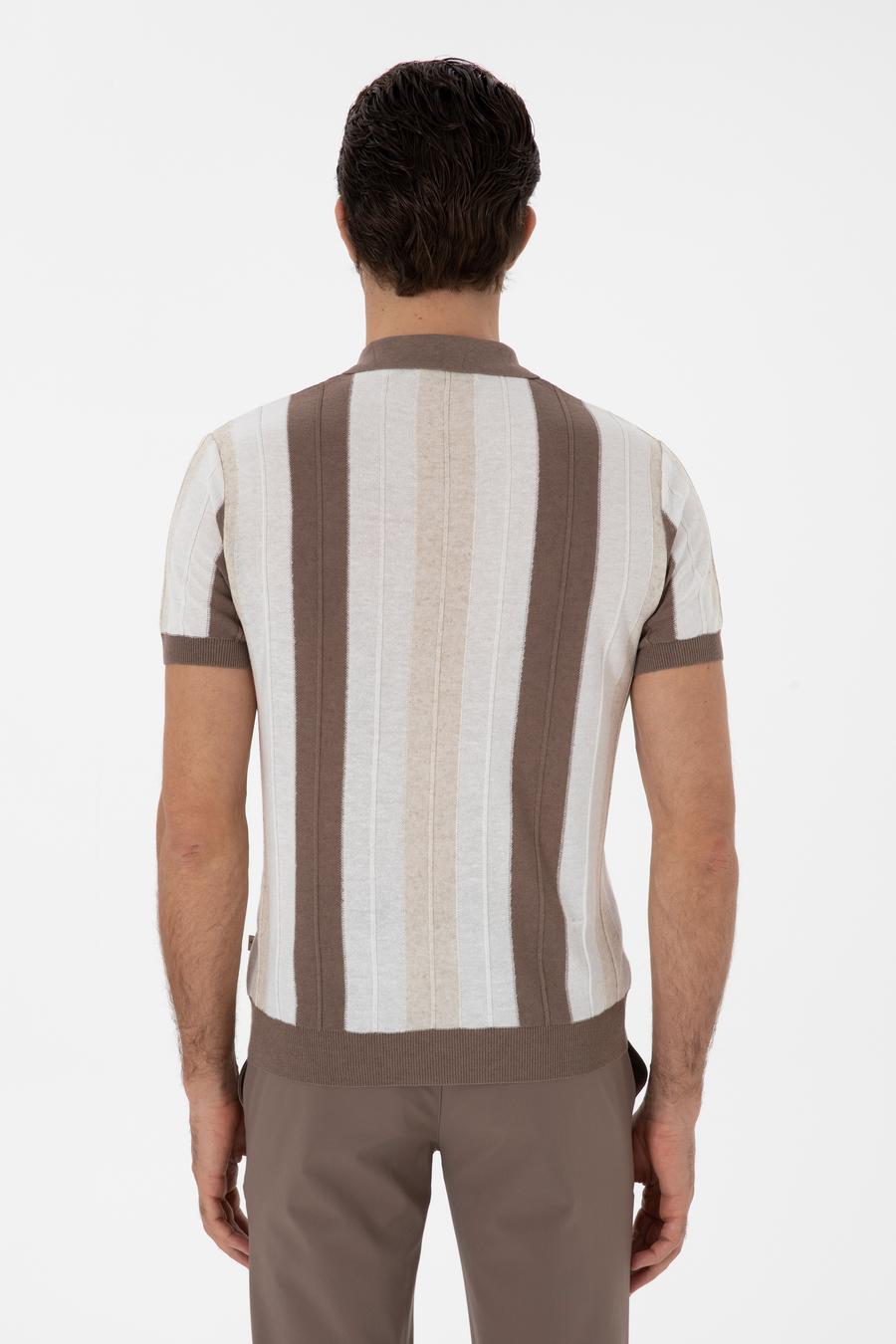 Ekru Slim Fit Apaş Yaka Triko T-shirt - 50300805013