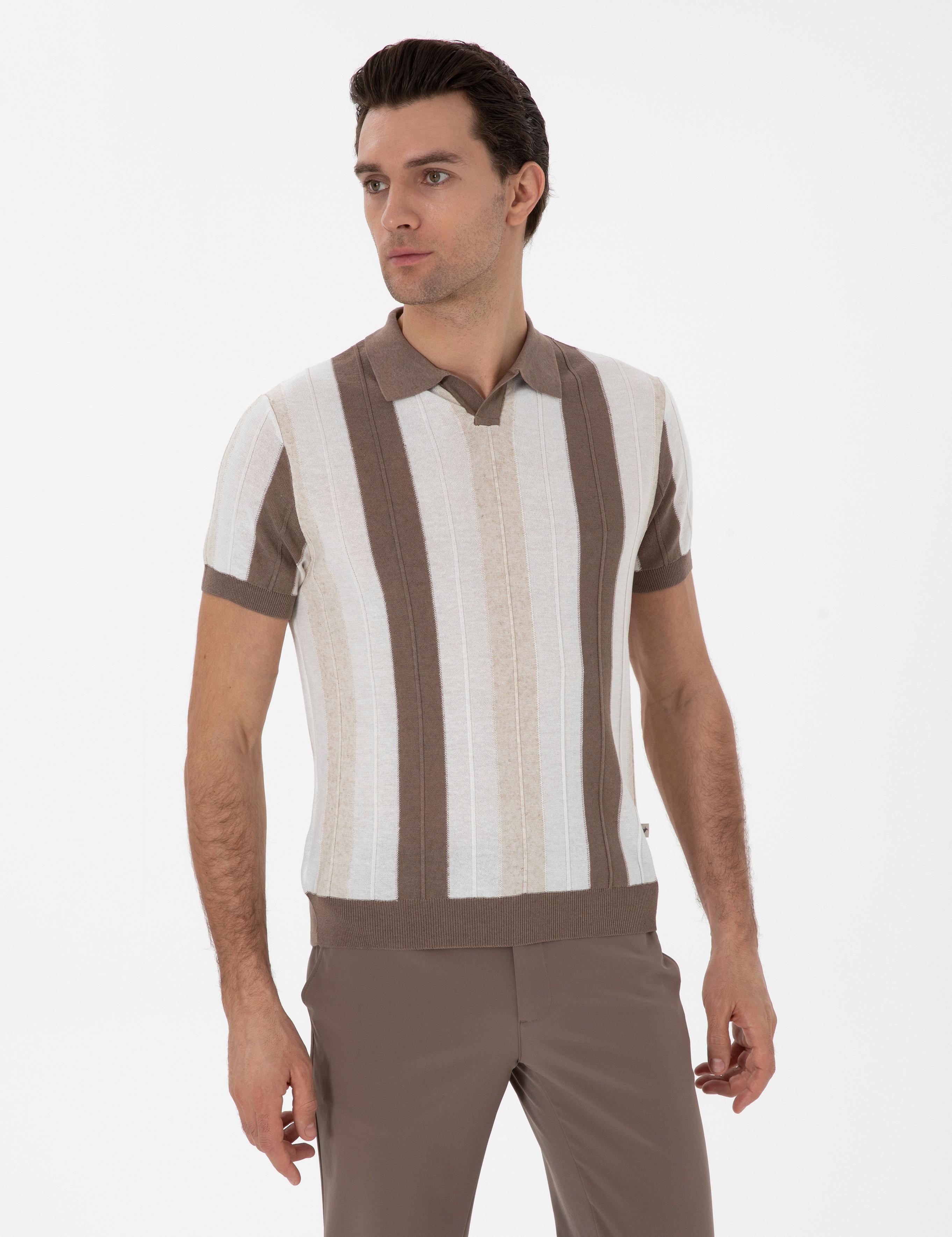 Ekru Slim Fit Apaş Yaka Triko T-shirt - 50300805013