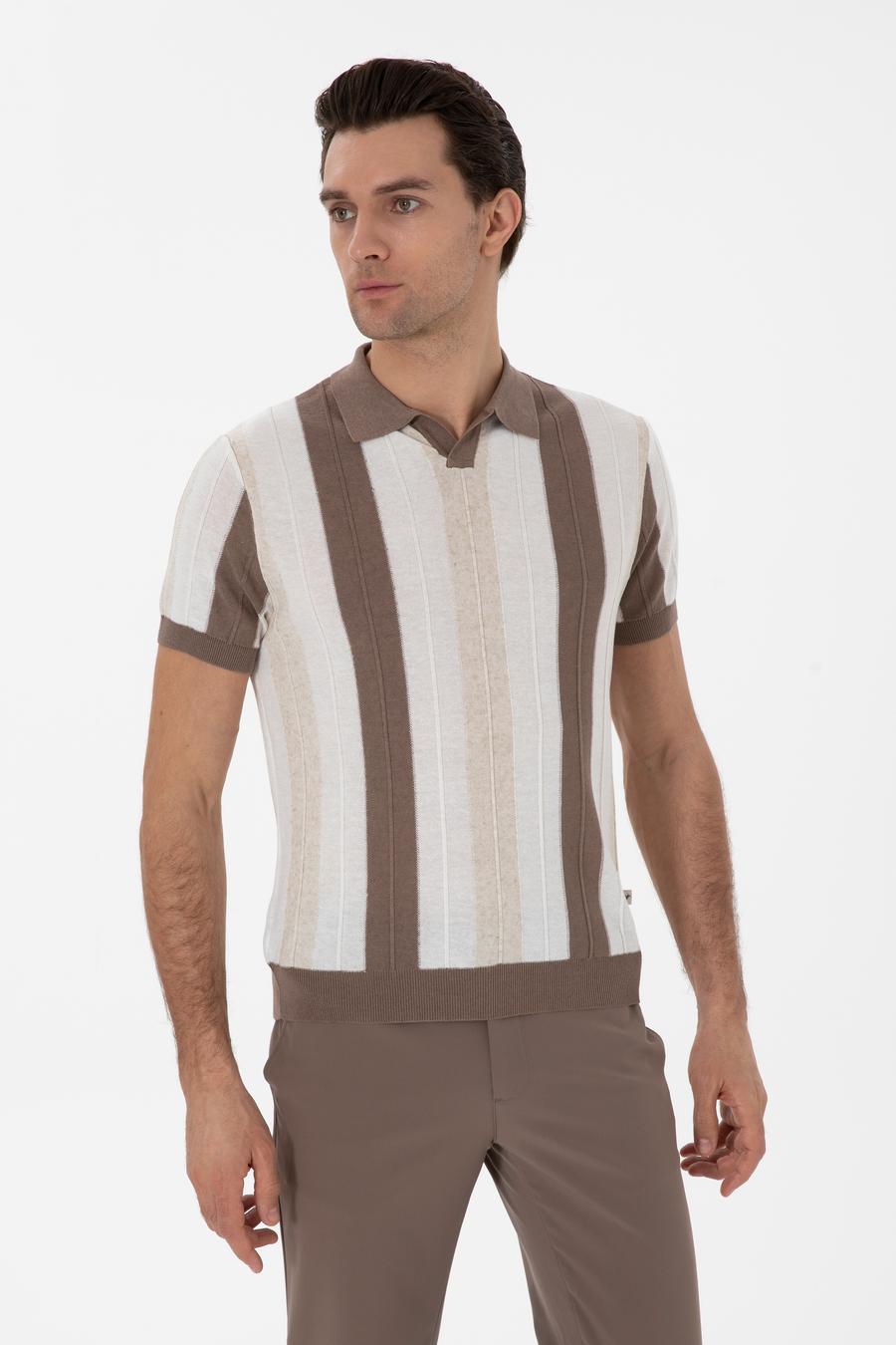 Ekru Slim Fit Apaş Yaka Triko T-shirt - 50300805013