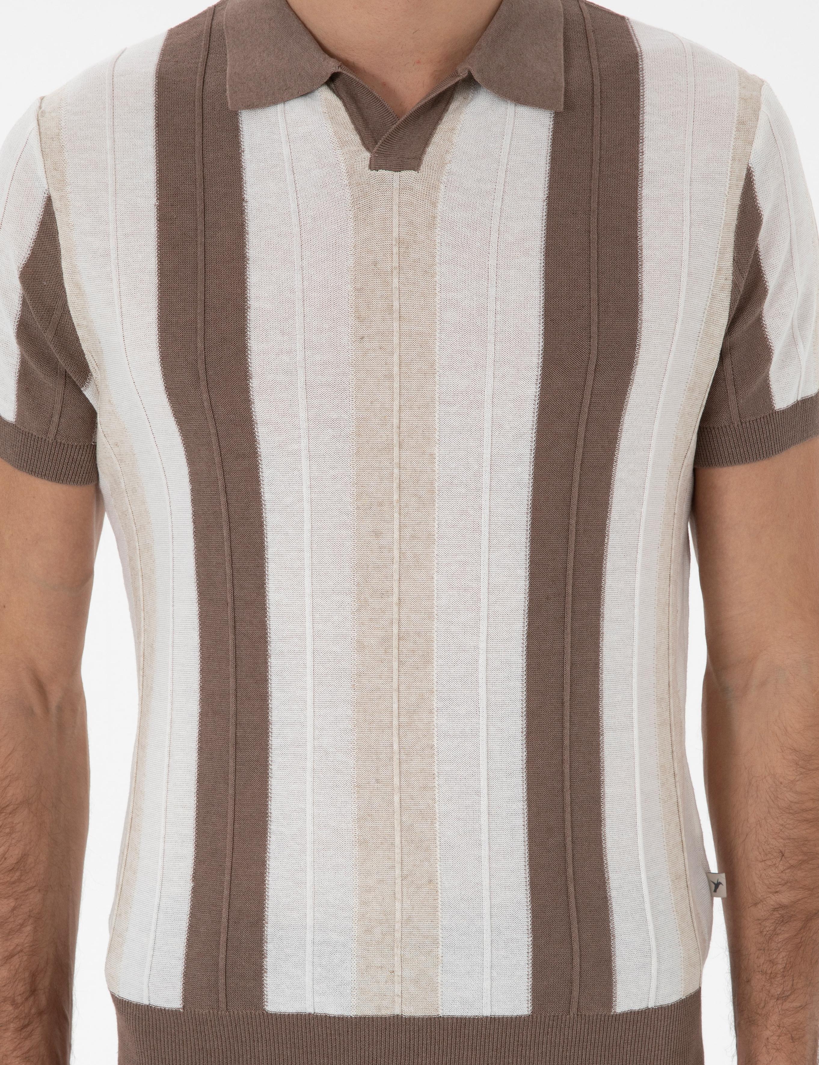 Ekru Slim Fit Apaş Yaka Triko T-shirt - 50300805013