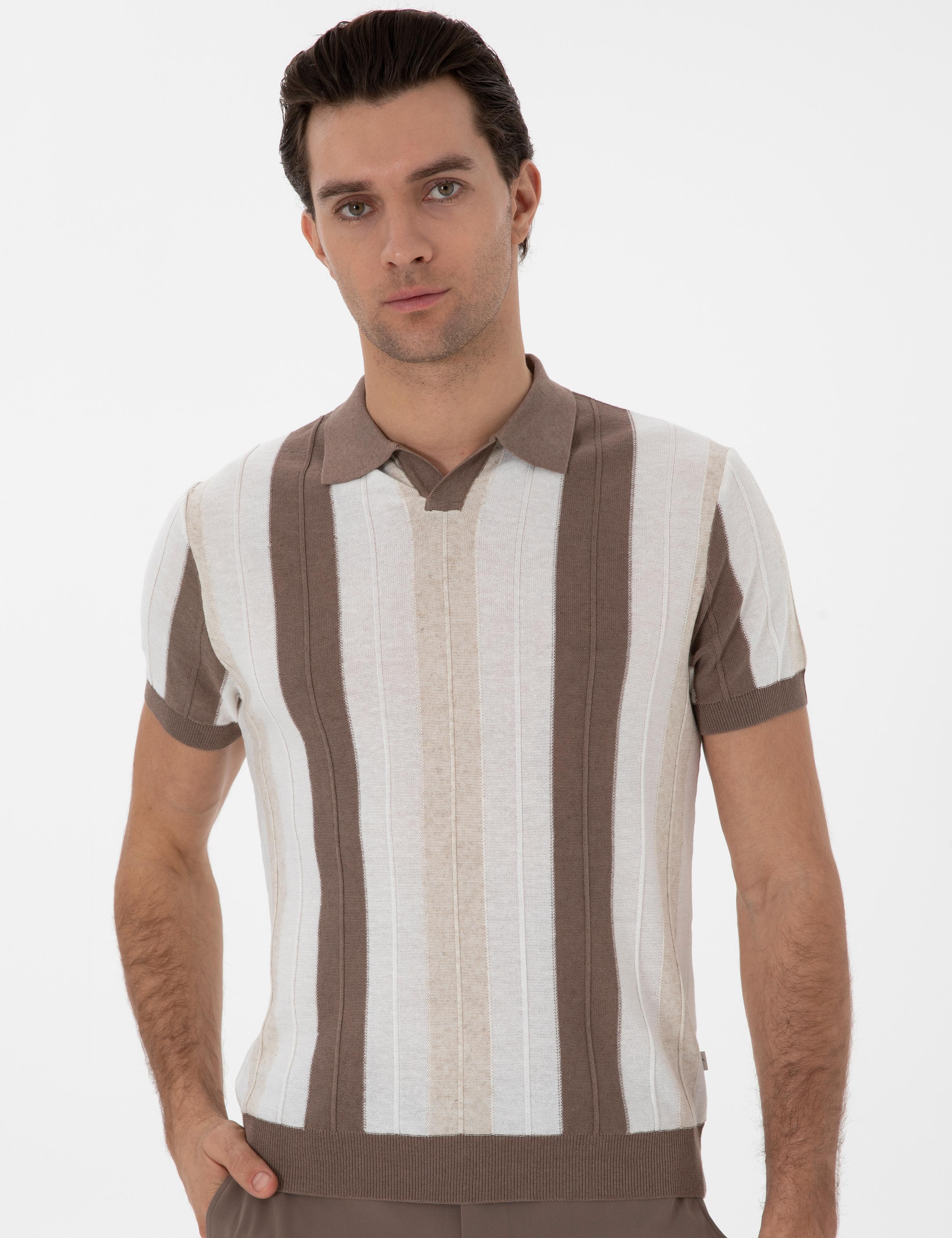 Ekru Slim Fit Apaş Yaka Triko T-shirt - 50300805013