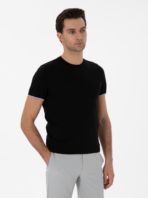Siyah Slim Fit Bisiklet Yaka Triko T-shirt