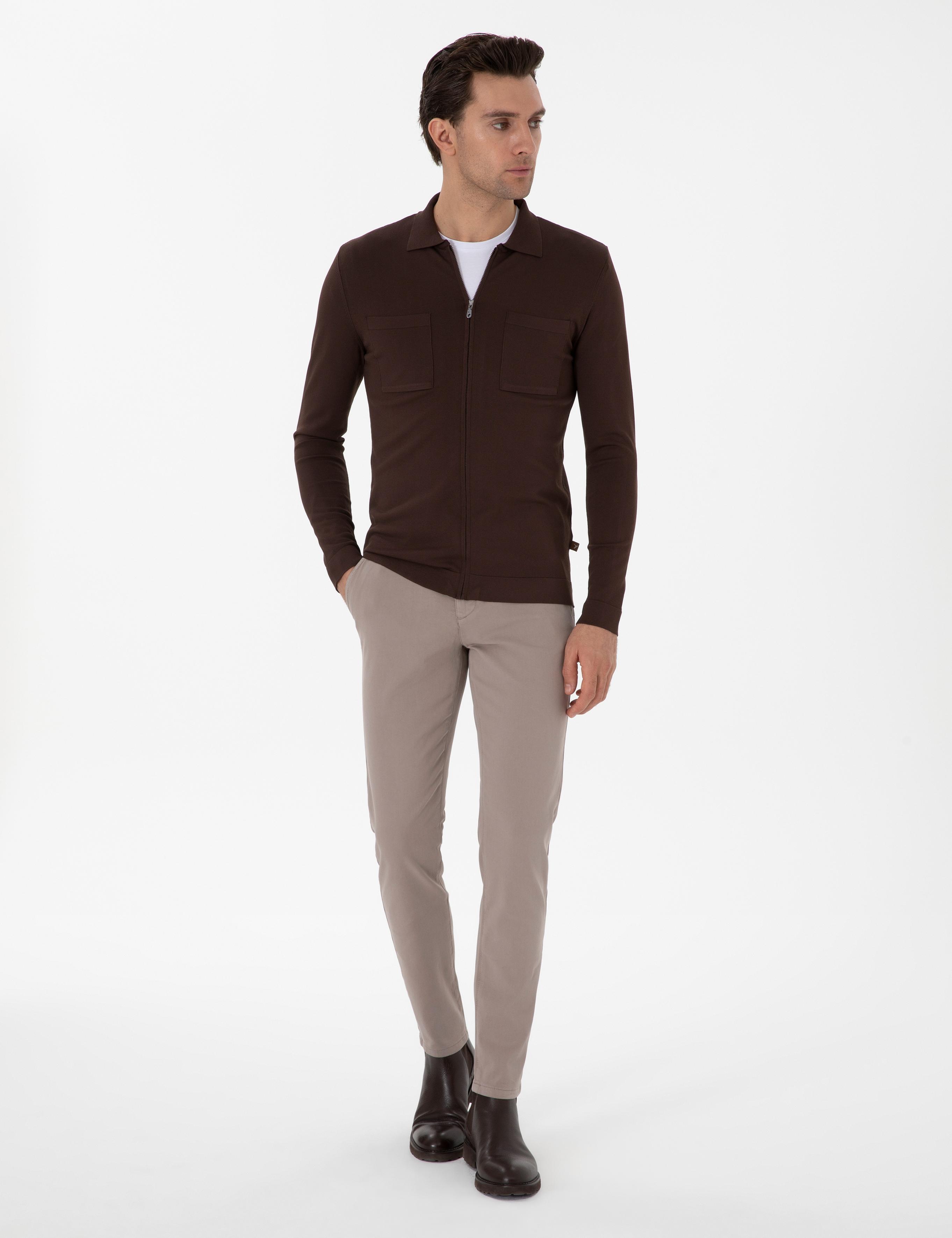 Kahverengi Regular Fit Tam Fermuarlı Triko Hırka - 50299420039