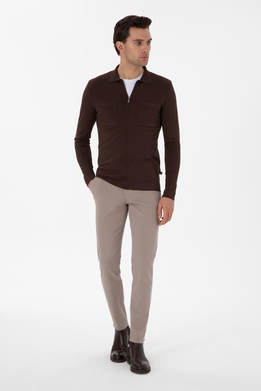 Kahverengi Regular Fit Tam Fermuarlı Triko Hırka - 50299420039
