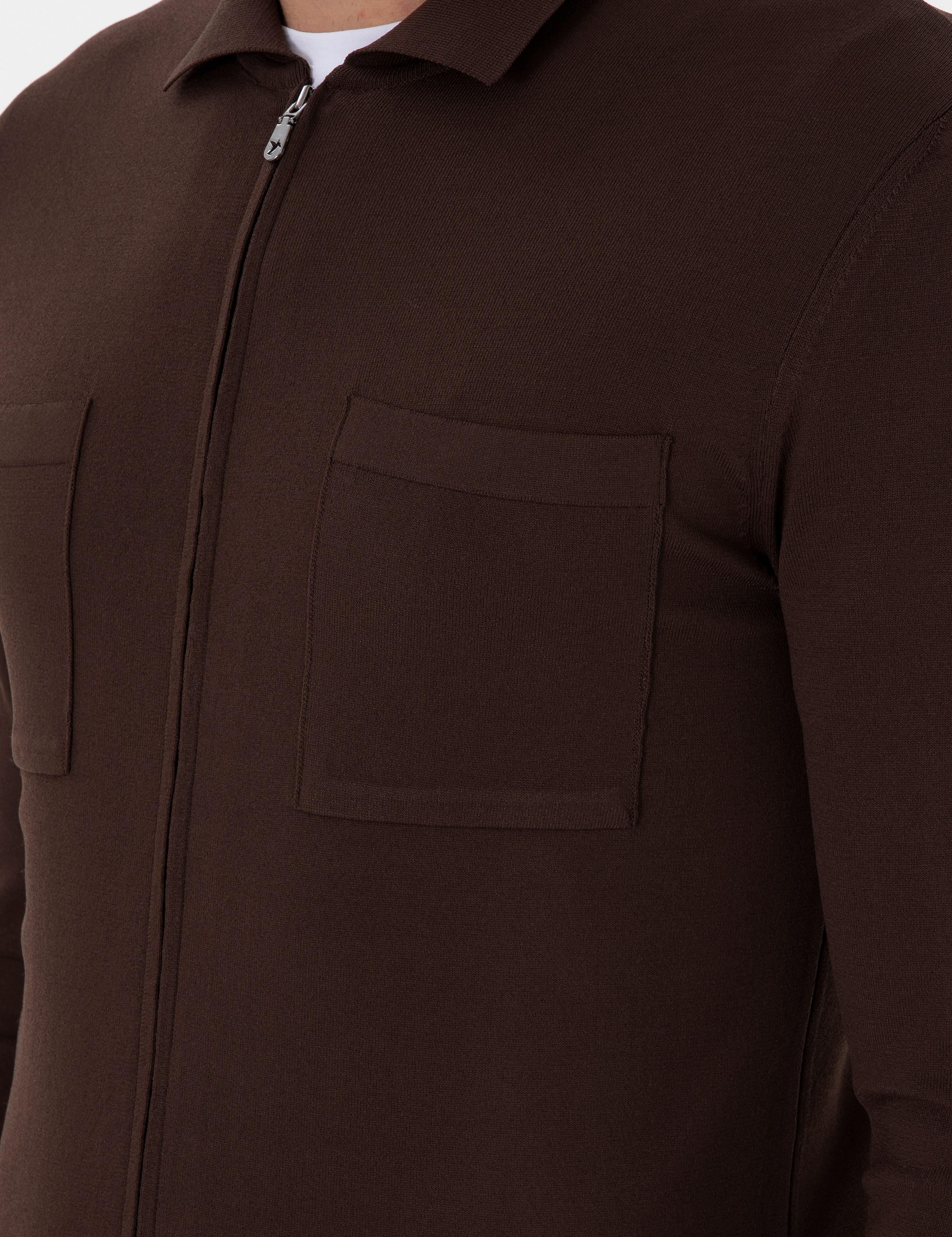 Kahverengi Regular Fit Tam Fermuarlı Triko Hırka - 50299420039