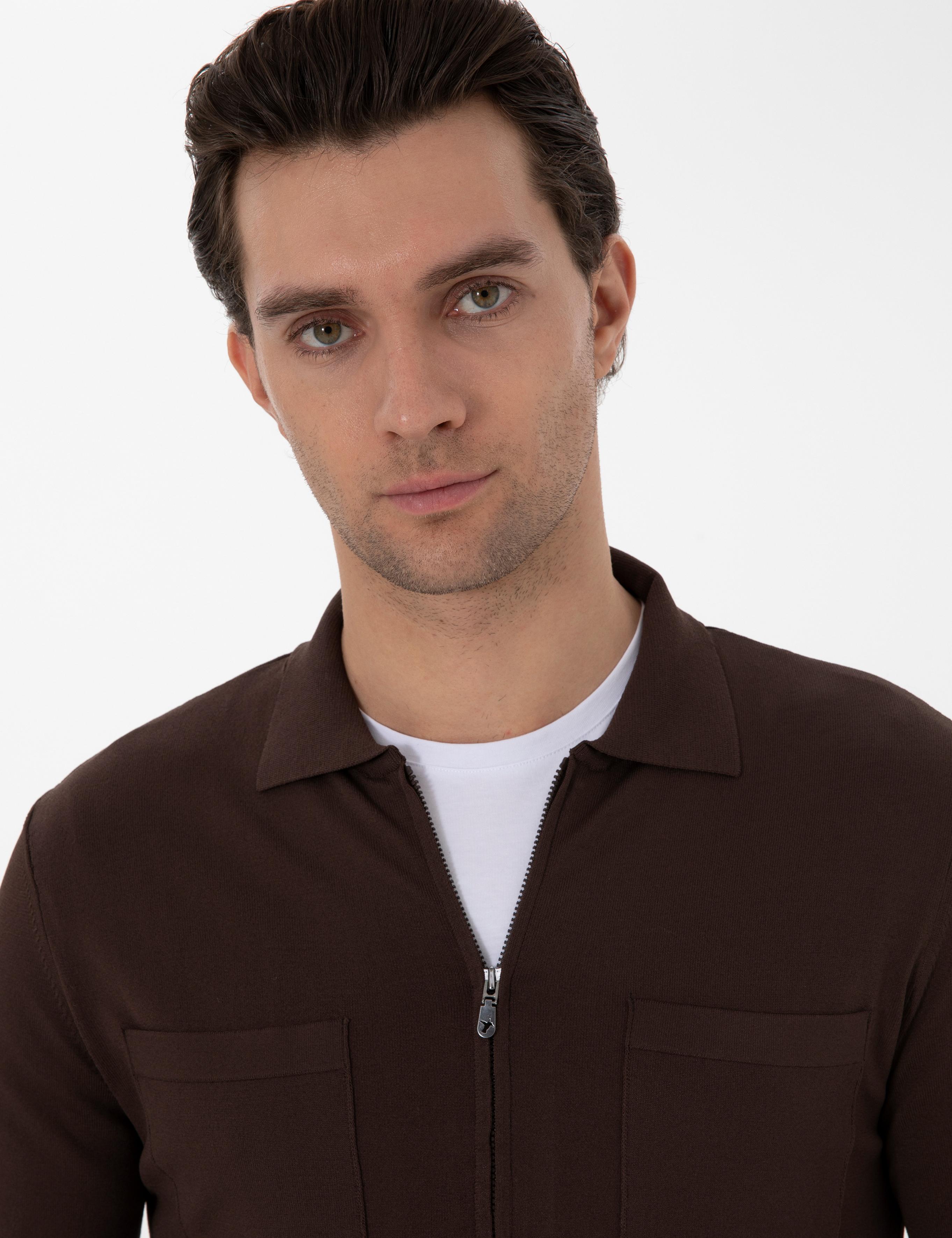 Kahverengi Regular Fit Tam Fermuarlı Triko Hırka - 50299420039