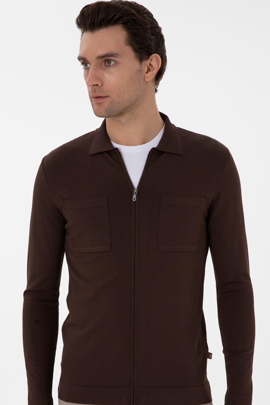 Kahverengi Regular Fit Tam Fermuarlı Triko Hırka - 50299420039