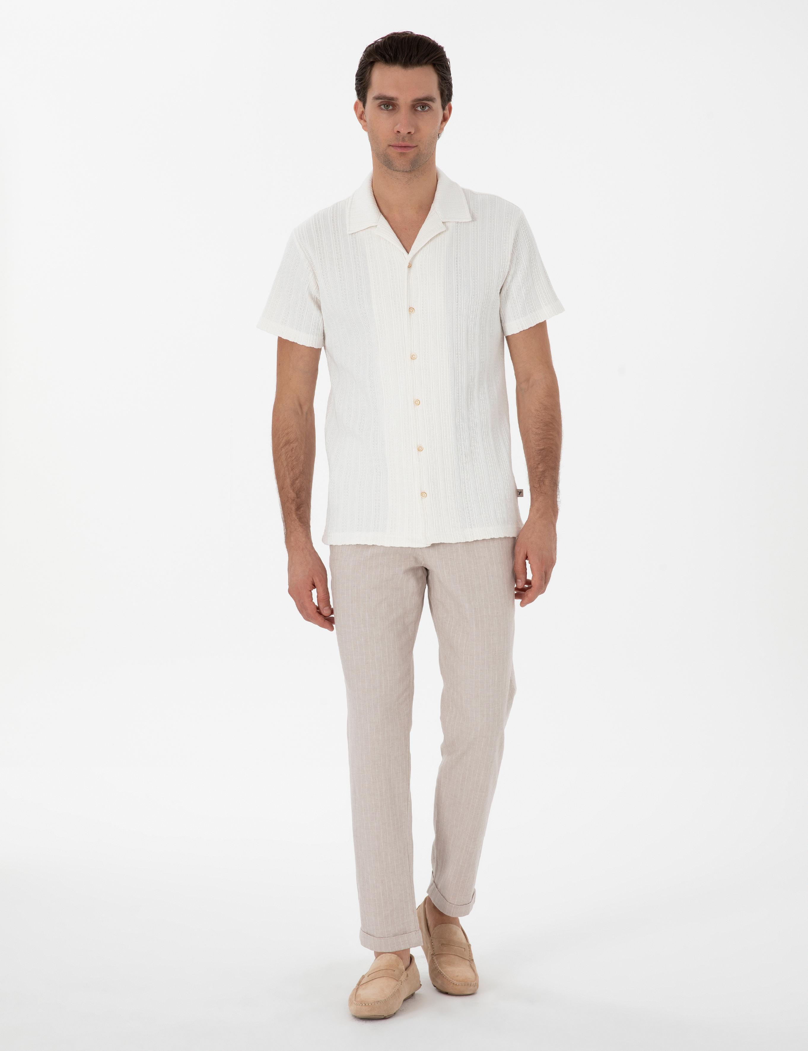 Ekru Regular Fit Apaş Yaka Örme Gömlek - 50306018013