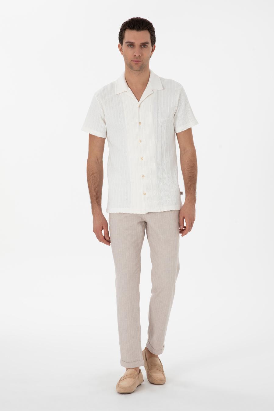 Ekru Regular Fit Apaş Yaka Örme Gömlek - 50306018013