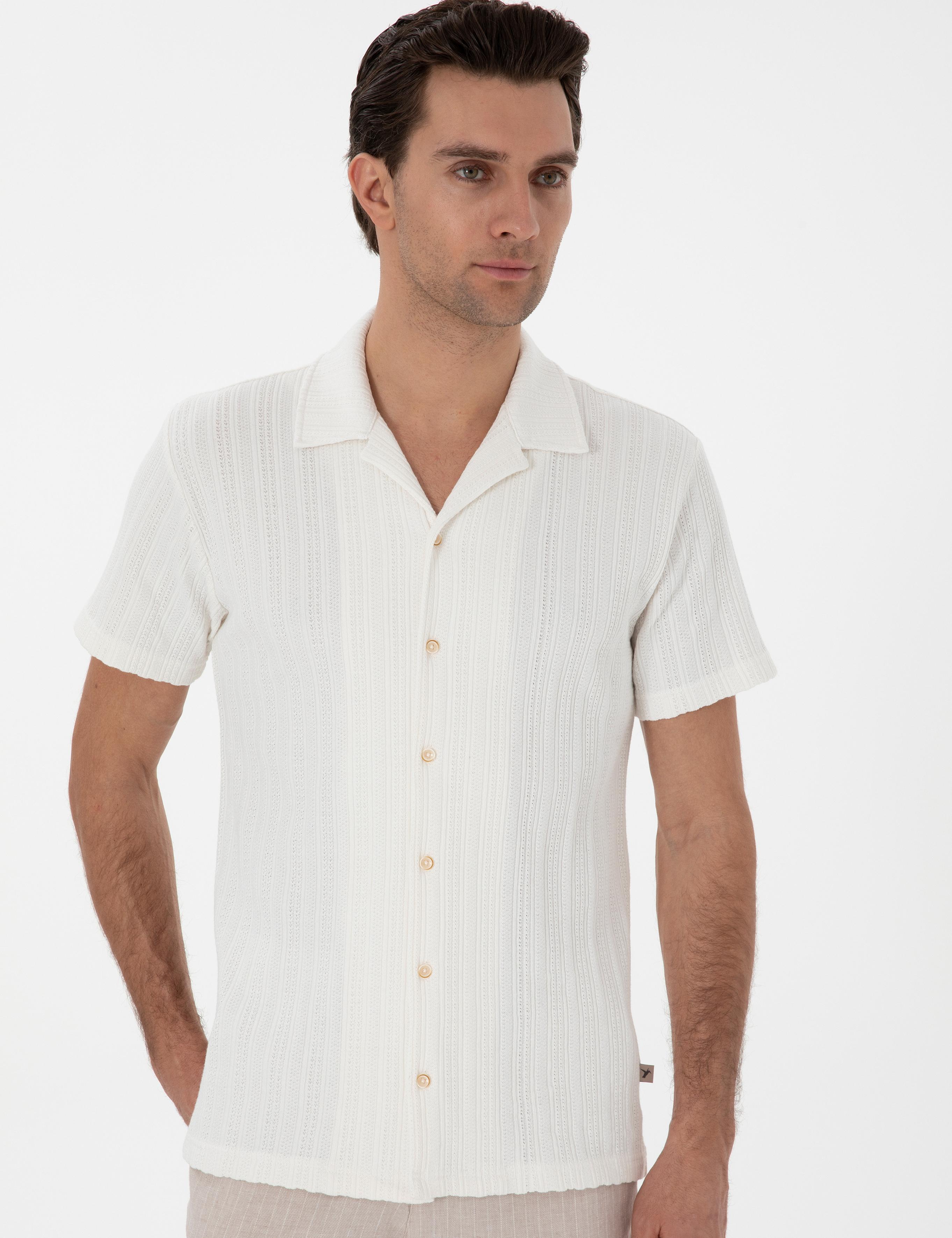 Ekru Regular Fit Apaş Yaka Örme Gömlek - 50306018013