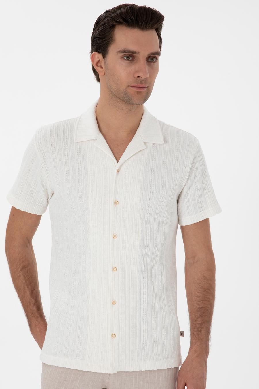 Ekru Regular Fit Apaş Yaka Örme Gömlek - 50306018013