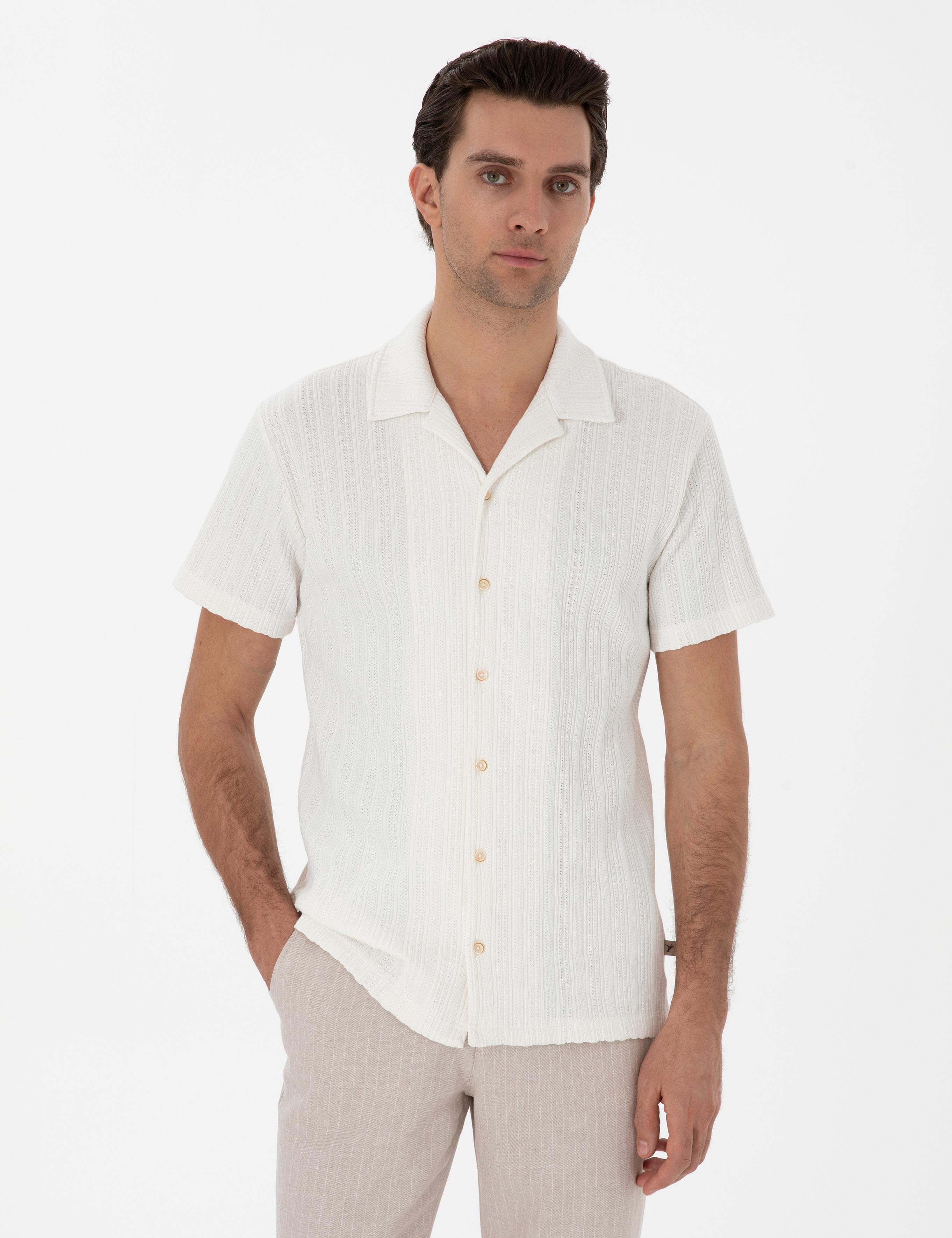 Ekru Regular Fit Apaş Yaka Örme Gömlek - 50306018013