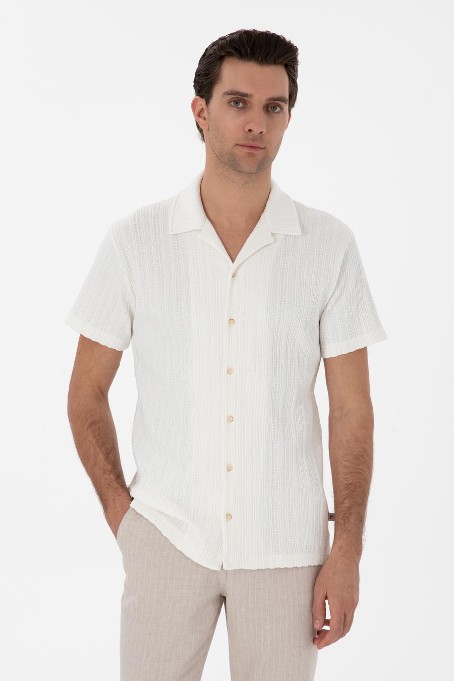 Ekru Regular Fit Apaş Yaka Örme Gömlek - 50306018013