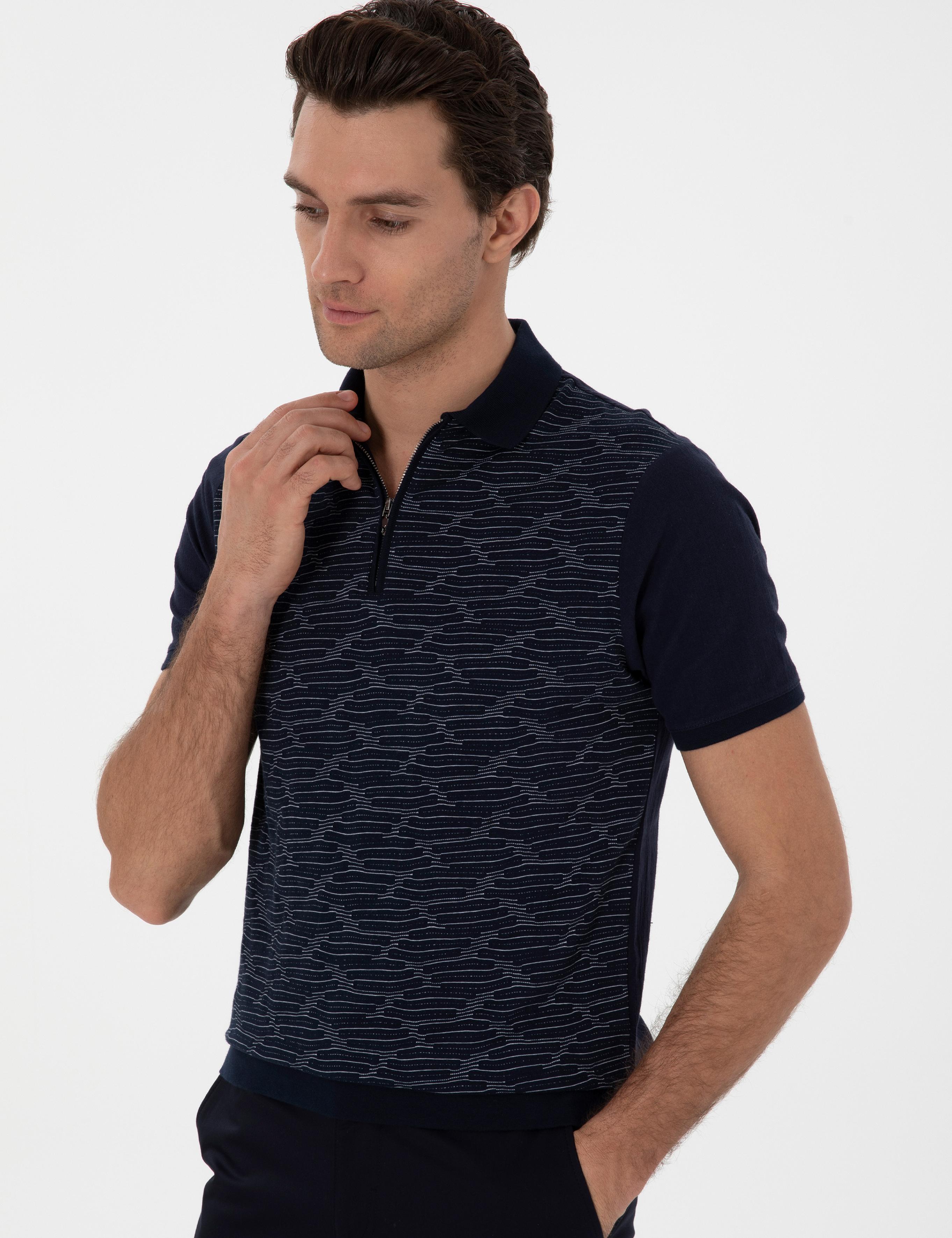 Lacivert Regular Fit Fermuarlı Polo Yaka Desenli T-shirt - 50302727005