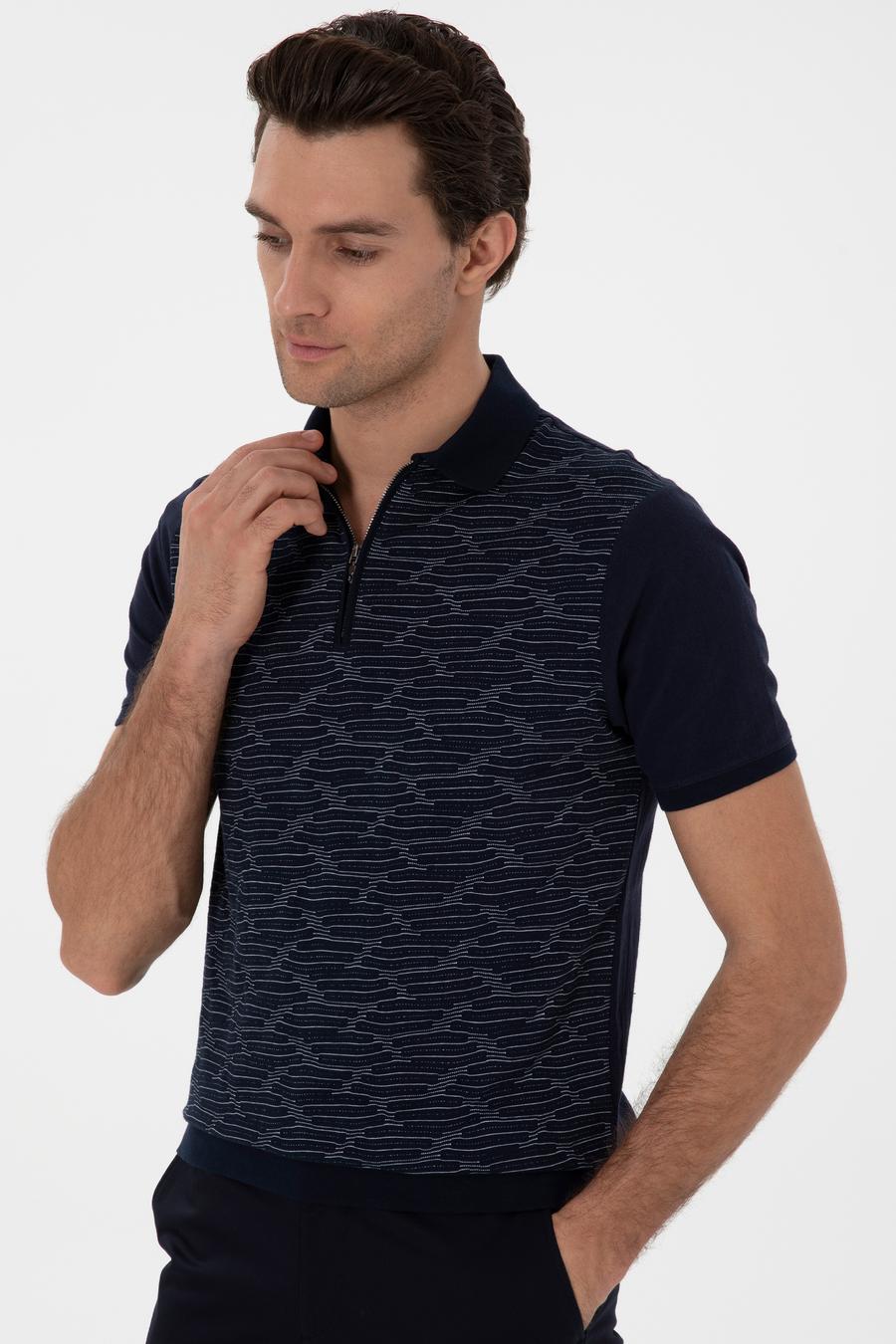 Lacivert Regular Fit Fermuarlı Polo Yaka Desenli T-shirt - 50302727005
