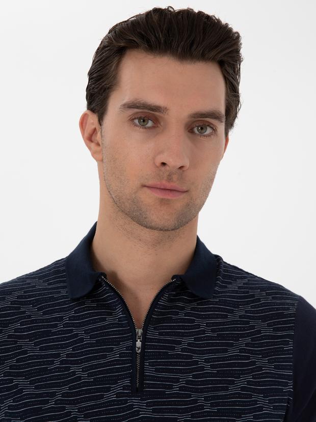 Lacivert Regular Fit Fermuarlı Polo Yaka Desenli T-shirt