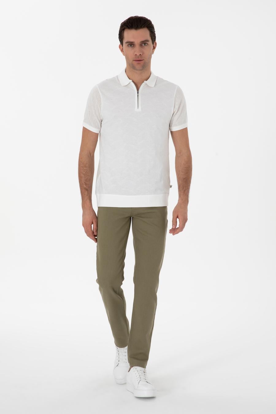 Ekru Regular Fit Fermuarlı Polo Yaka Desenli T-shirt - 50302727012