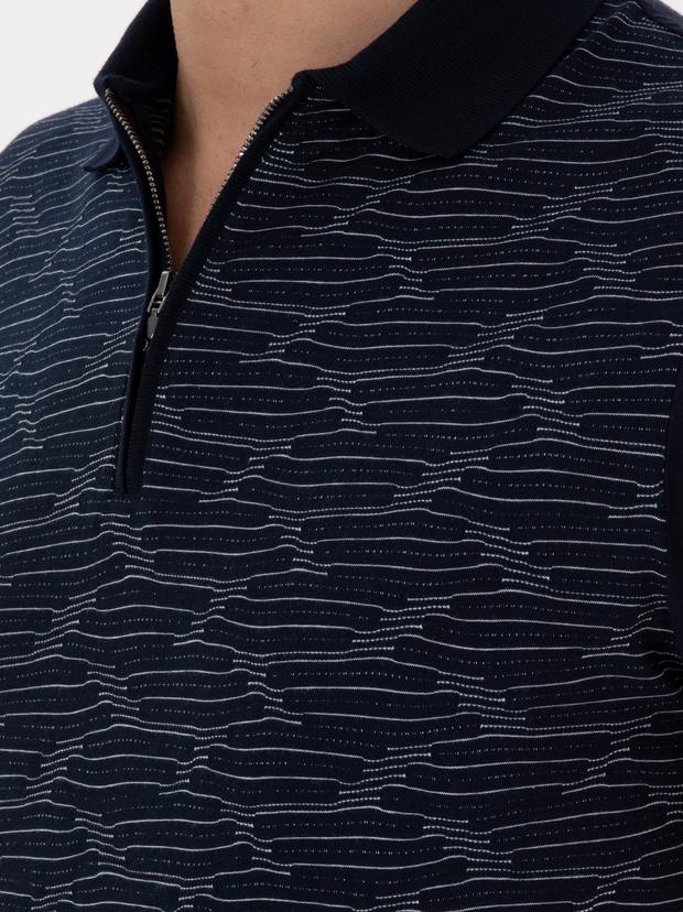 Lacivert Regular Fit Fermuarlı Polo Yaka Desenli T-shirt
