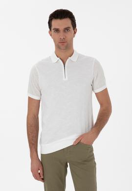 Ekru Regular Fit Fermuarlı Polo Yaka Desenli T-shirt