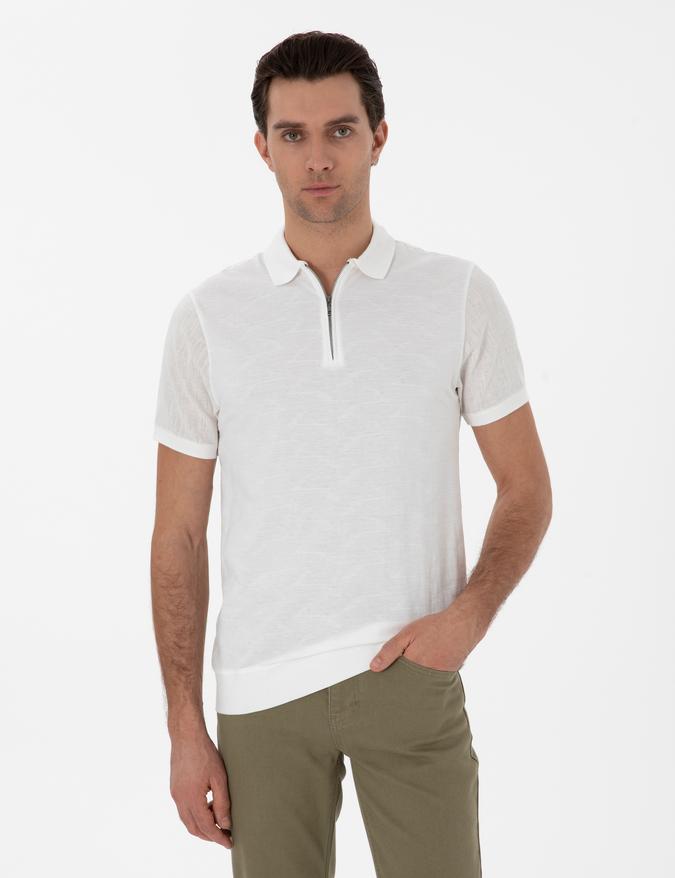 Ekru Regular Fit Fermuarlı Polo Yaka Desenli T-shirt